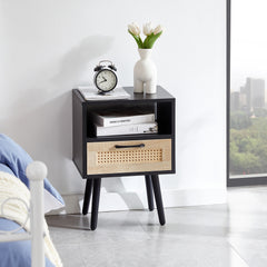 HAOYYE Rattan End Table with Drawer and Solid Wood Legs, Modern Nightstand, Side Table for Living Room, Bedroom, Black, Sturdy and Space-Saving Design, Heavy Duty Construction, Easy Assembly for Adults and Dorm Rooms