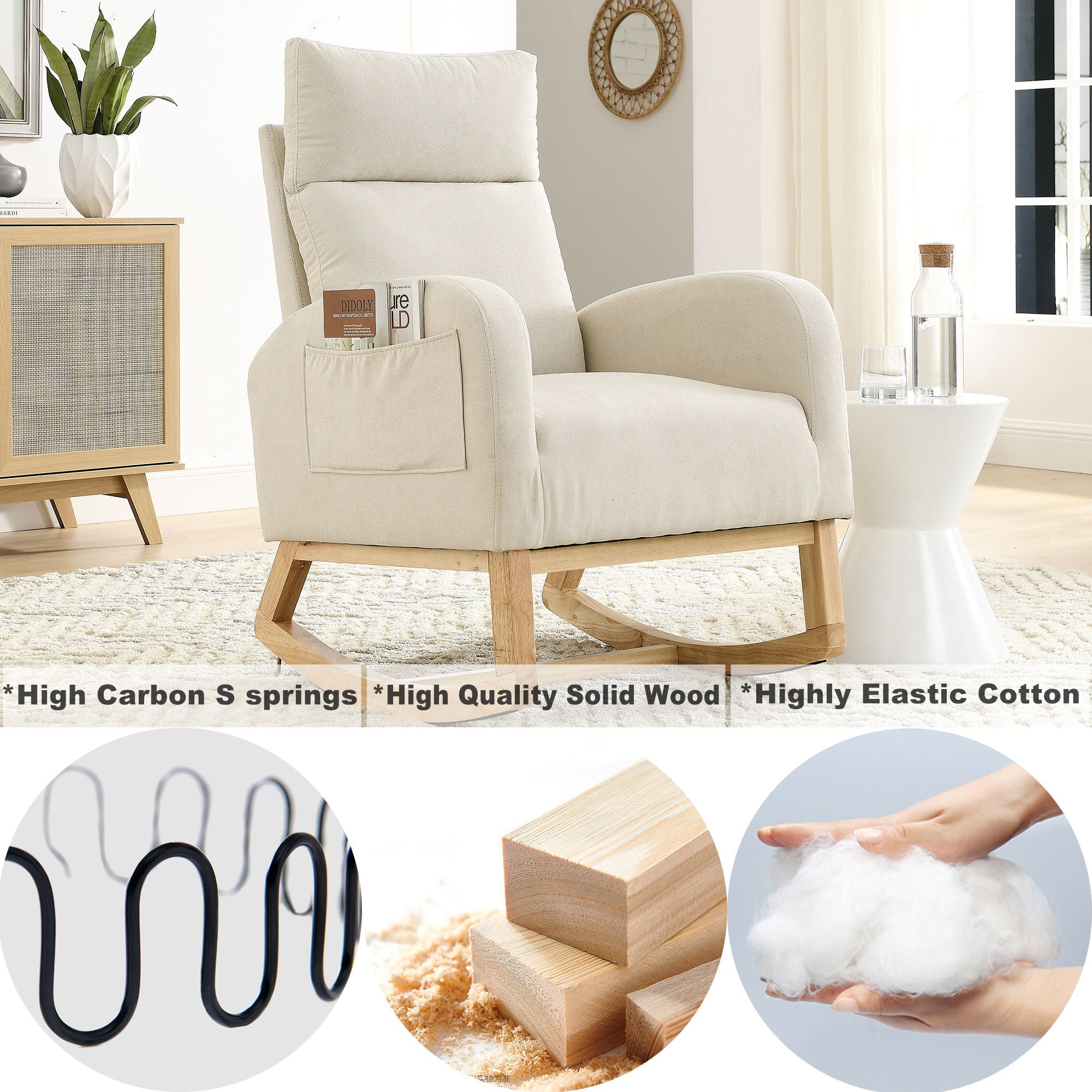 HAOYYE Welike 27.6"W Modern Accent High Backrest Living Room Lounge Arm Rocking Chair, Two Side Pocket Sturdy Space-Saving Heavy Duty Modern Design Easy Assembly Durable Stylish Versatile
