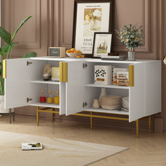 HAOYYE Modern Elegant 4-door Sideboard Gold Metal Handle Buffet Cabinet for Dining Room, Living Room, Bedroom, Hallway (White) Sturdy Space-Saving Heavy Duty Modern Design Adults Dorm Room