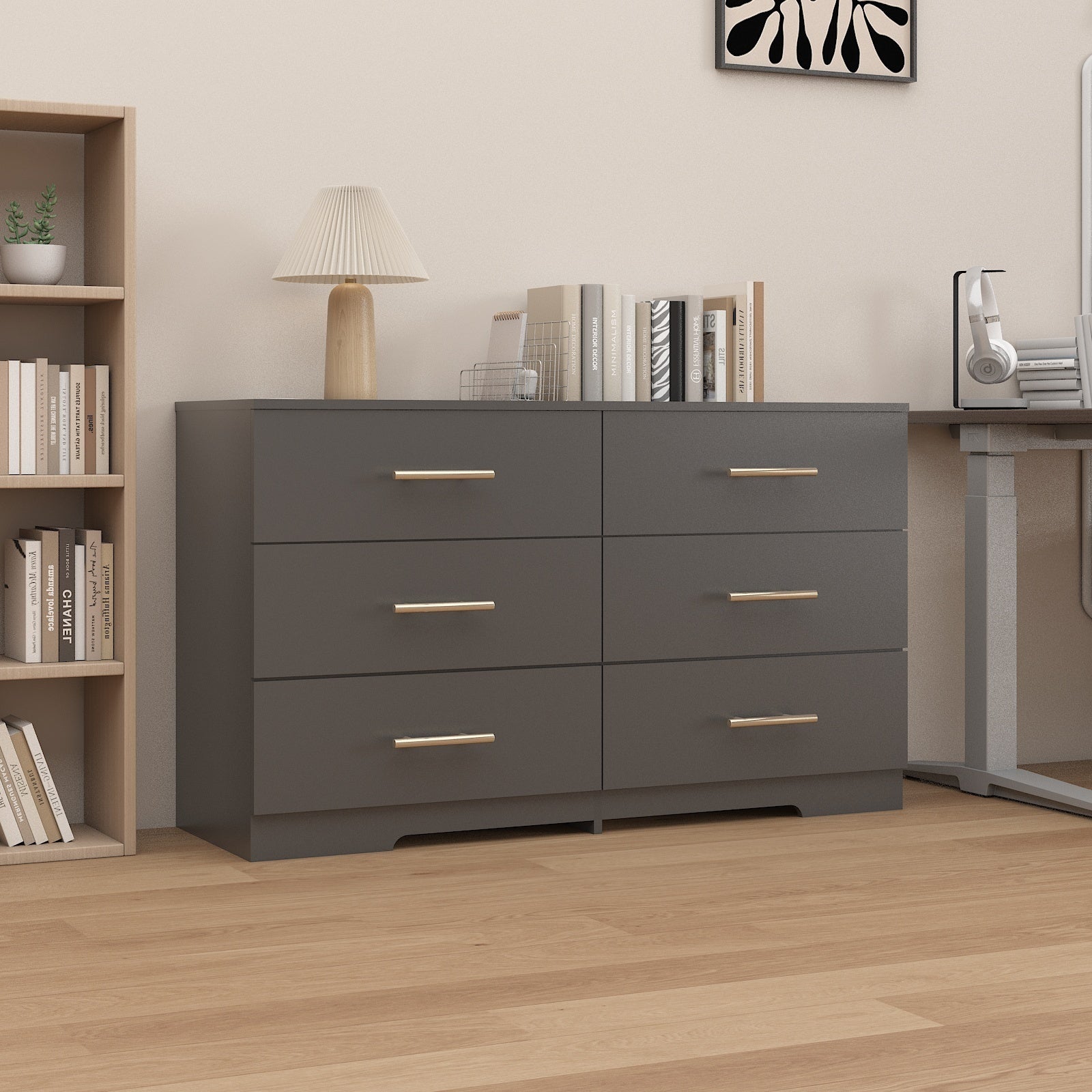 HAOYYE Black 6-Drawer Dresser Chest With Gold Handles, Modern Sturdy Space-Saving Heavy Duty Storage Cabinet For Bedrooms And Dorm Rooms, Easy Assembly