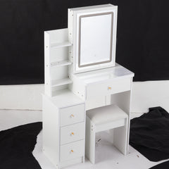 HAOYYE Small Vanity Table Set With Touch Control Sliding LED Mirror, Tri-Color Switching, Adjustable Brightness, Multi-Layer Storage, Includes Cushioned Stool, Ideal For Compact Spaces, EPA, GCC, And UL Certified