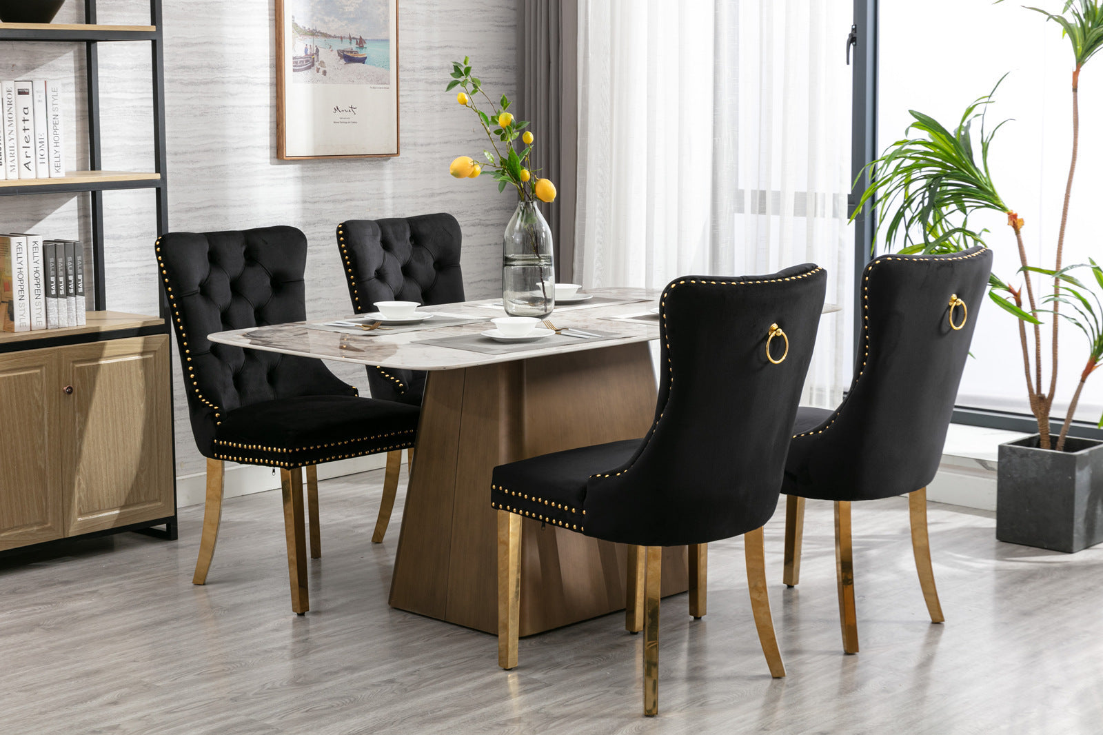HAOYYE High-end Tufted Solid Wood Contemporary Velvet Upholstered Dining Chair with Golden Stainless Steel Plating Legs,Nailhead Trim,Set of 2，Black and Gold, SW1601BK