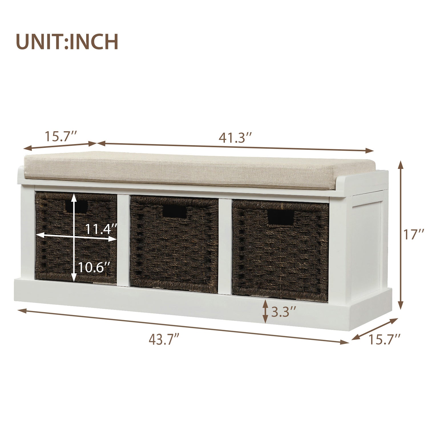 HAOYYE Rustic Storage Bench with 3 Removable Classic Rattan Basket , Entryway Bench Storage Bench with Removable Cushion (White) Sturdy Space-Saving Heavy Duty Modern Design Easy Assembly Durable
