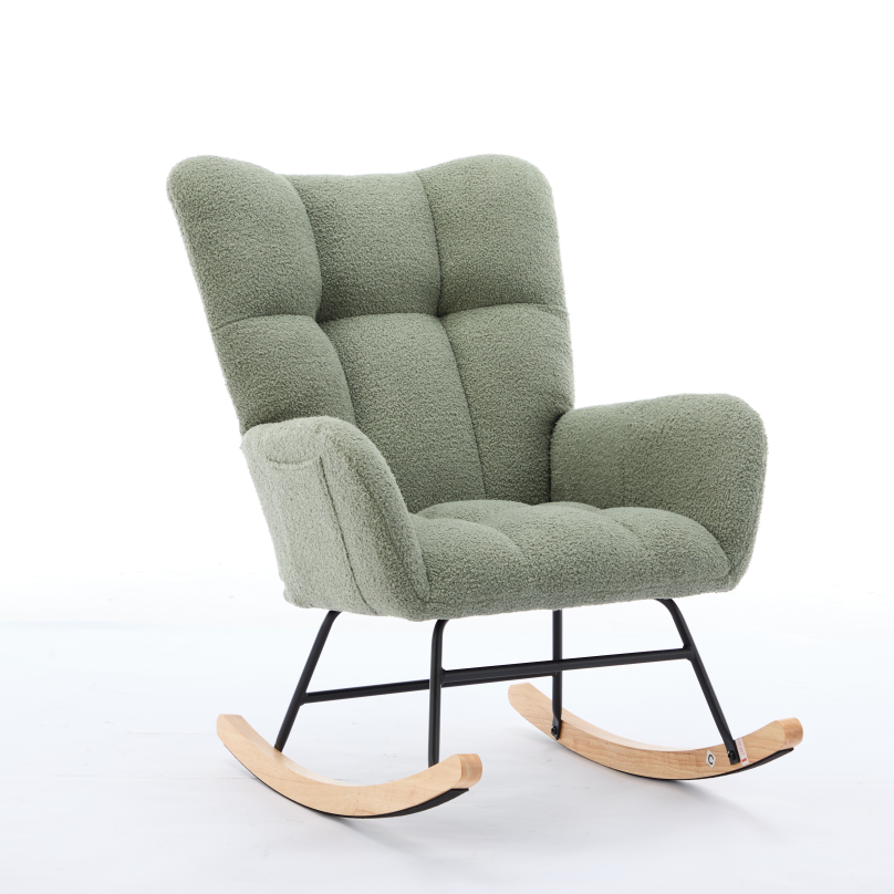 Haoyye Modern Upholstered Nursery Rocking Chair with High Backrest, Teddy Fabric Glider Accent Armchair with Solid Wood Legs and Metal Frame, Comfortable Rocker for Bedroom, Living Room or Lounge, Gentle Swing Chair in Green