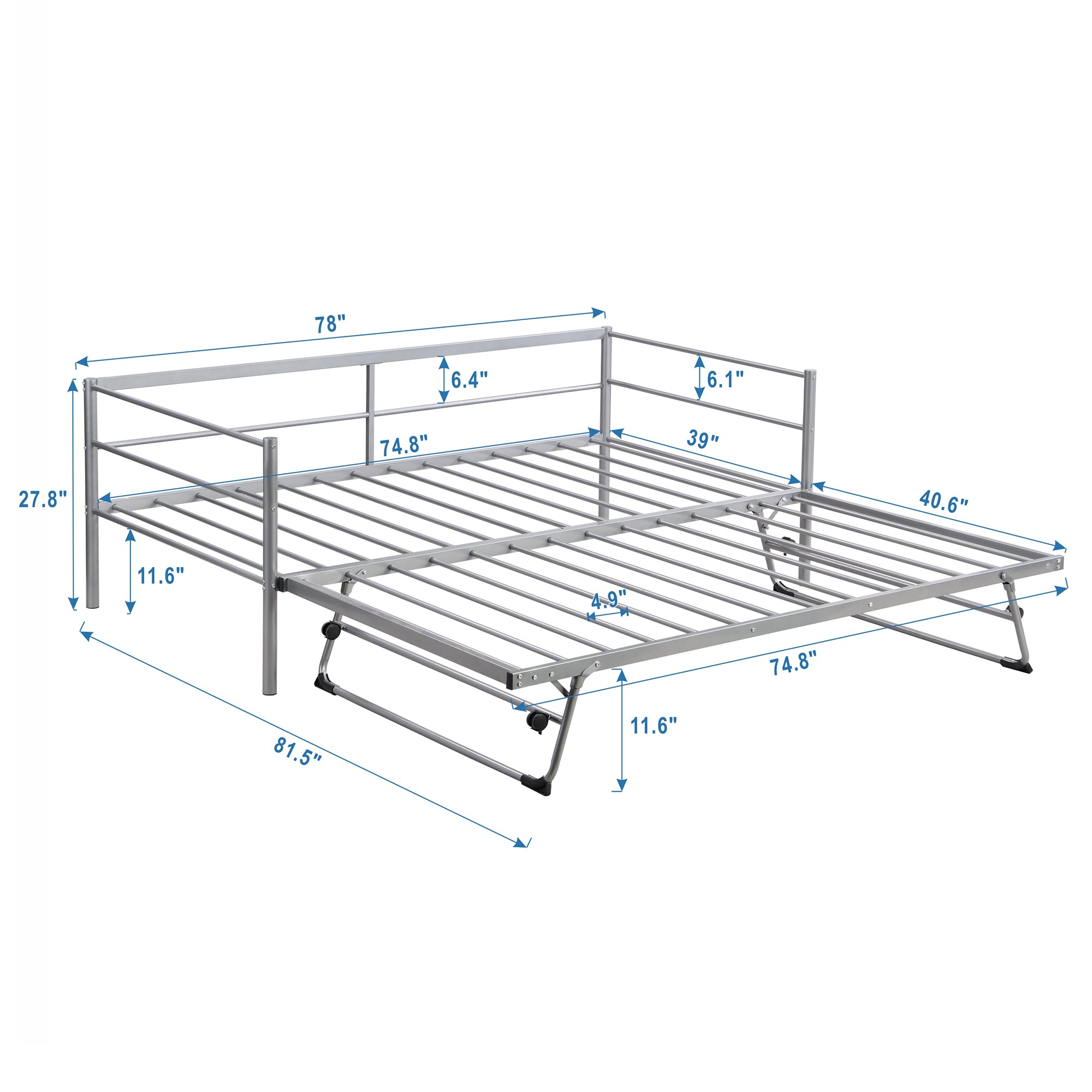 HAOYYE Twin Size Metal Daybed with Adjustable Trundle, Pop Up Trundle, Silver Sturdy Space-Saving Heavy Duty Modern Design Adults Dorm Room Easy Assembly Bedroom Furniture