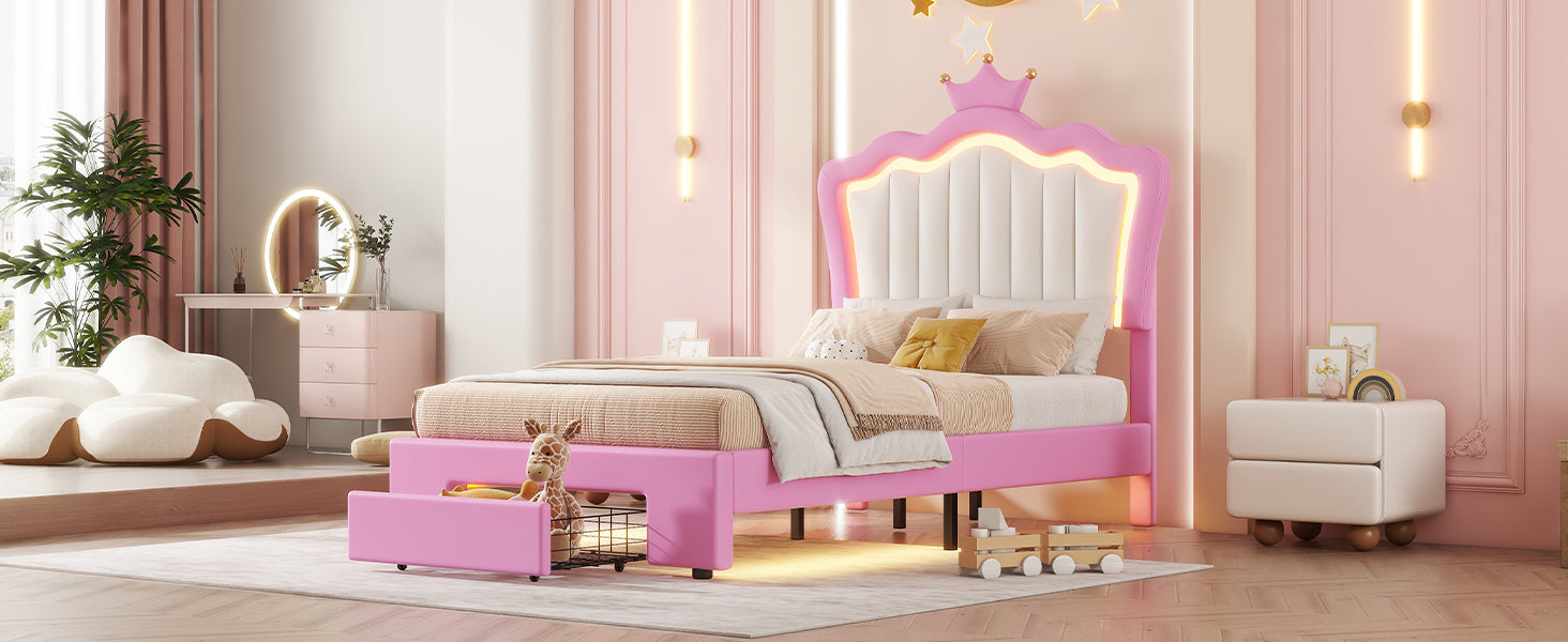 HAOYYE Twin Size Upholstered Bed Frame With LED Lighting, Modern Princess Bed With Crown Headboard And Storage Drawer, Pink And White, Sturdy Space-Saving Heavy Duty Design For Adults And Dorm Rooms