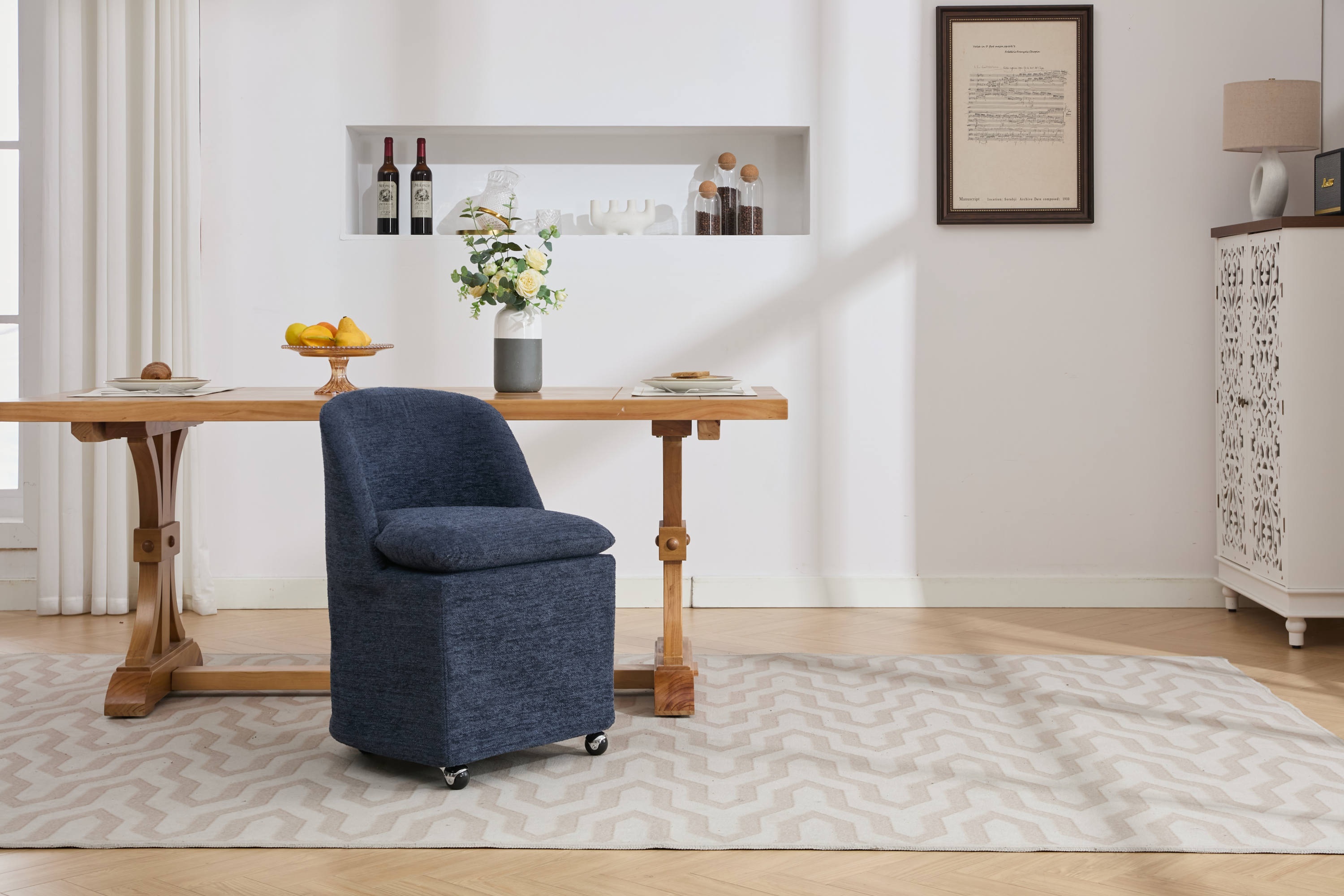 HAOYYE 058-Set of 2 Chenille Fabric Dining Chairs With Universal Wheels,Blue Sturdy Space-Saving Heavy Duty Modern Design Adults Dorm Room Easy Assembly Bedroom Furniture