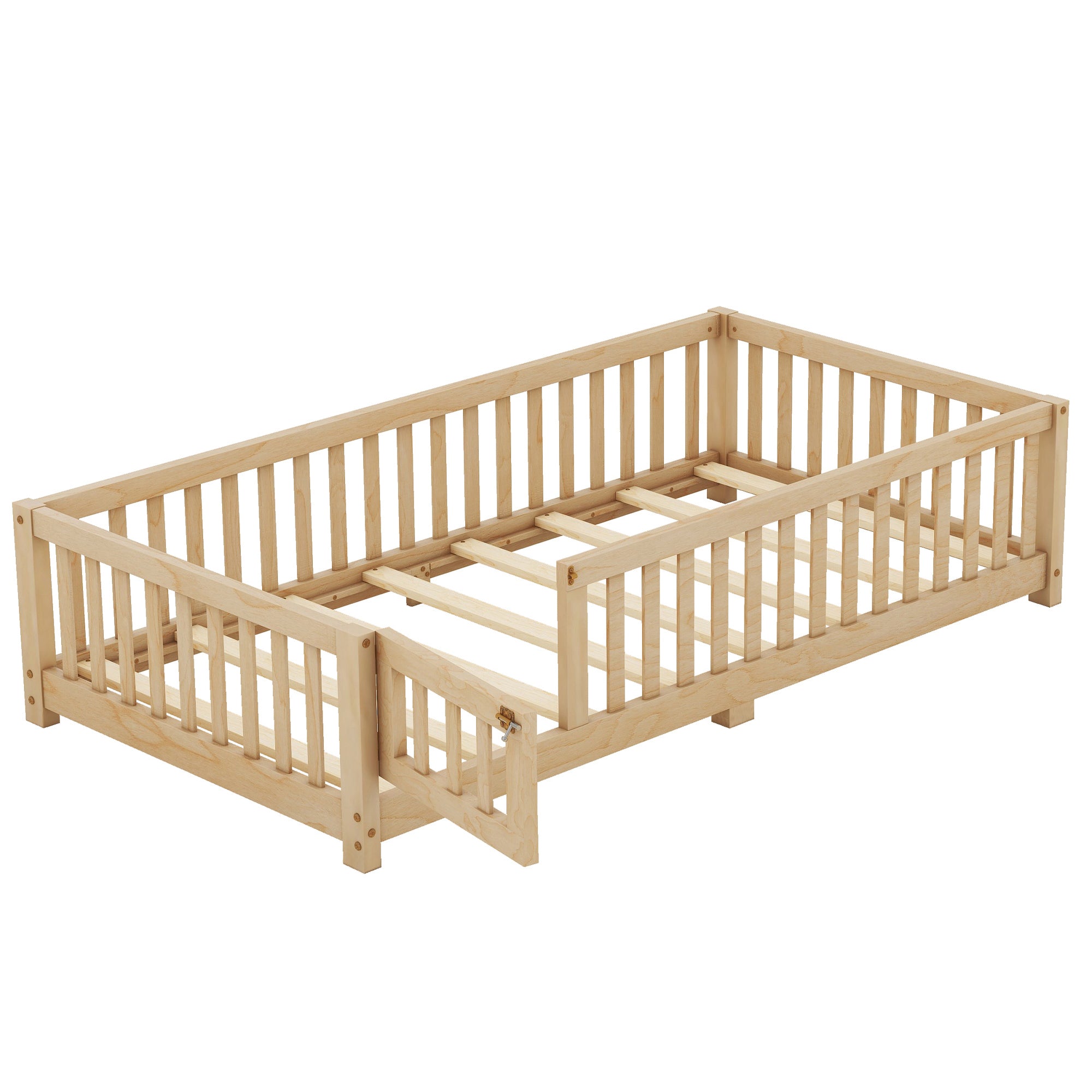 HAOYYE Twin Size Bed Floor Bed with Safety Guardrails and Door for , Natural(Old SKU: W158090686) Sturdy Space-Saving Heavy Duty Modern Design Adults Dorm Room Easy Assembly Bedroom Furniture