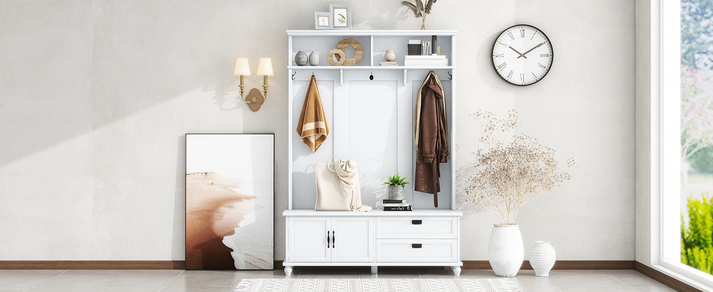 HAOYYE Modern White Hall Tree with Storage Cabinet, 2 Large Drawers, and 5 Coat Hooks, Sturdy Space-Saving Mudroom Bench, Heavy Duty Design for Adults