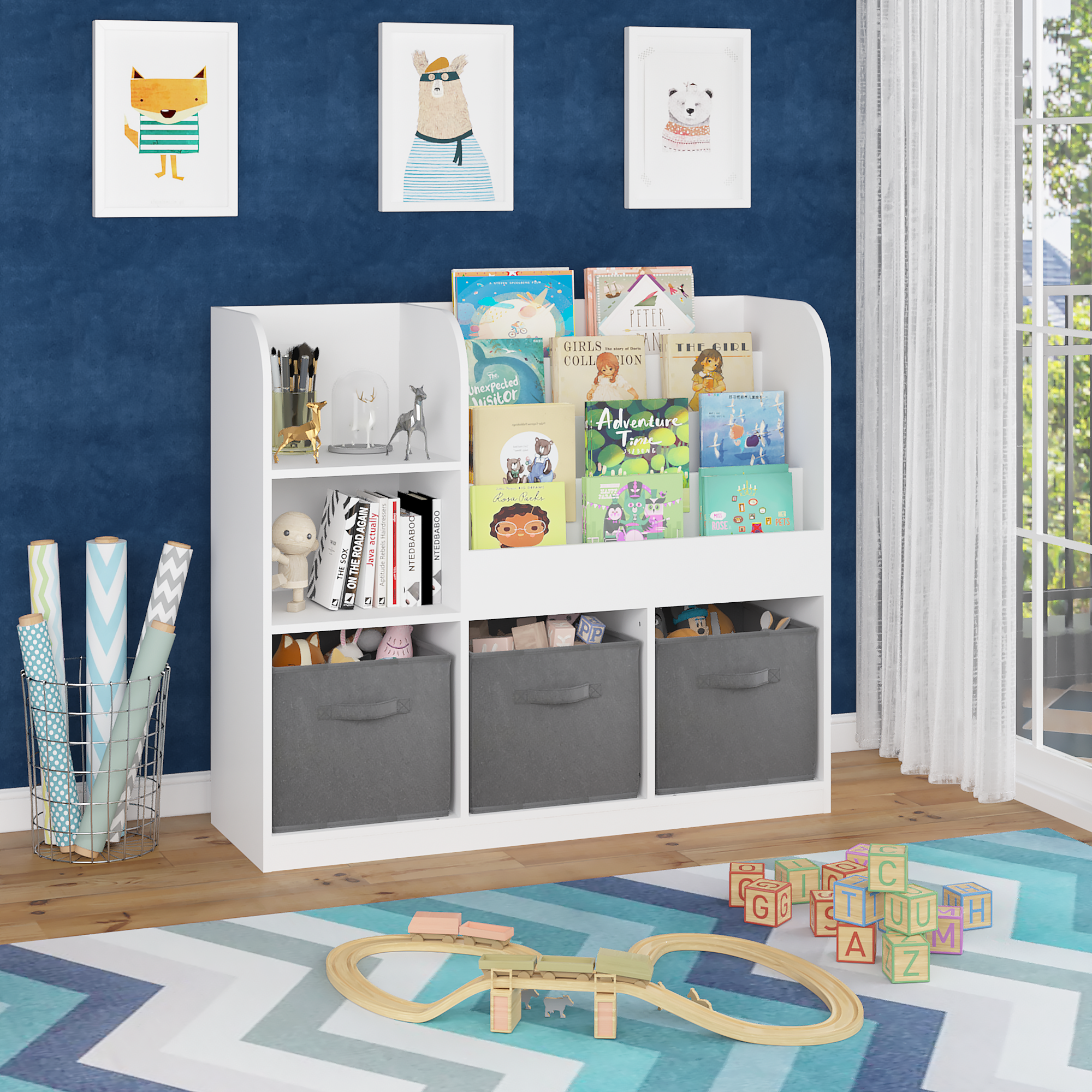 HAOYYE Bookcase and Bookshelf, Multifunctional Display Stand With 3 Collapsible Fabric Drawers, Toy Storage Organizer for Bedroom, Playroom, or Hallway, White/Gray, Sturdy Space-Saving Design