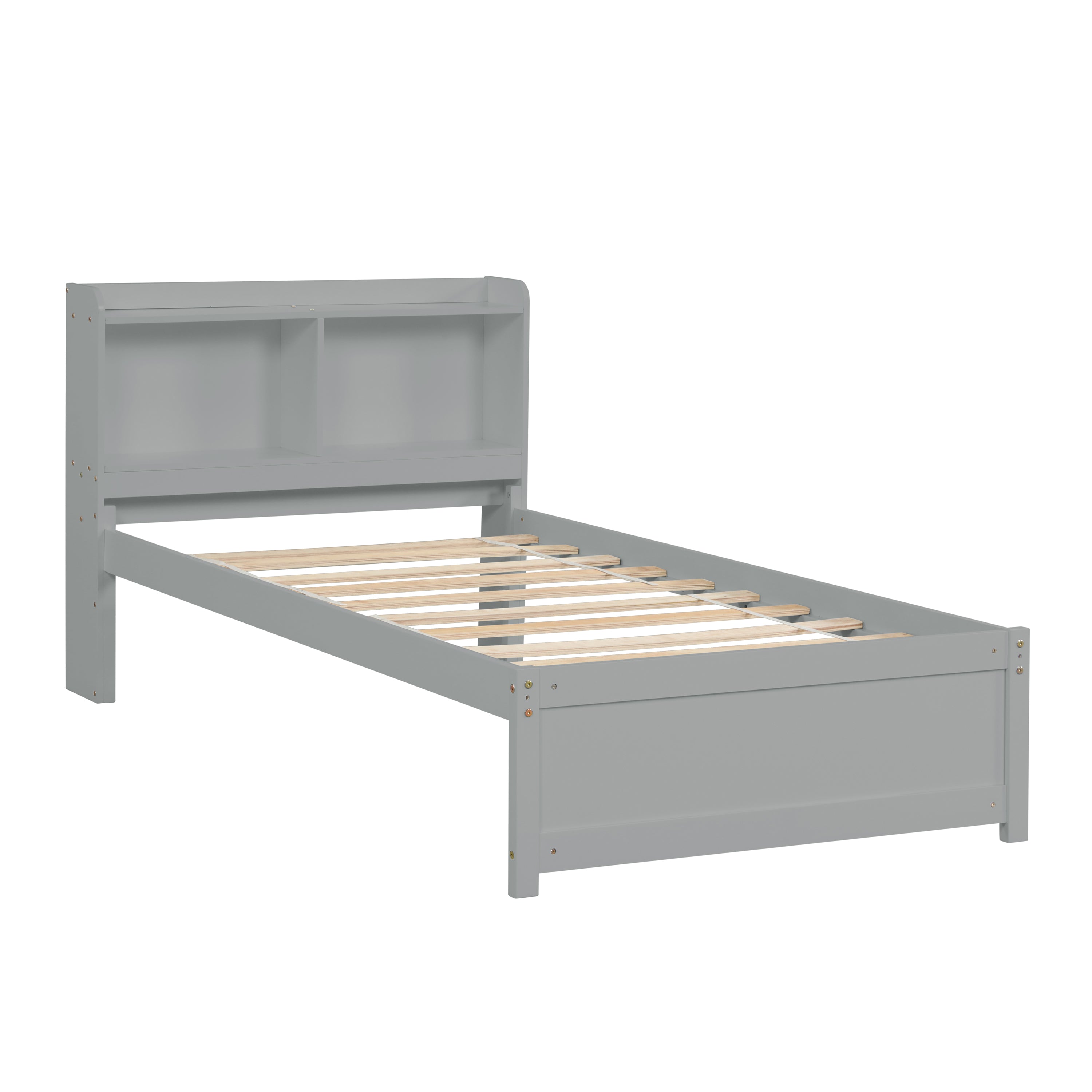 HAOYYE Twin Bed with Trundle,Bookcase,Grey Sturdy Space-Saving Heavy Duty Modern Design Adults Dorm Room Easy Assembly Bedroom Furniture