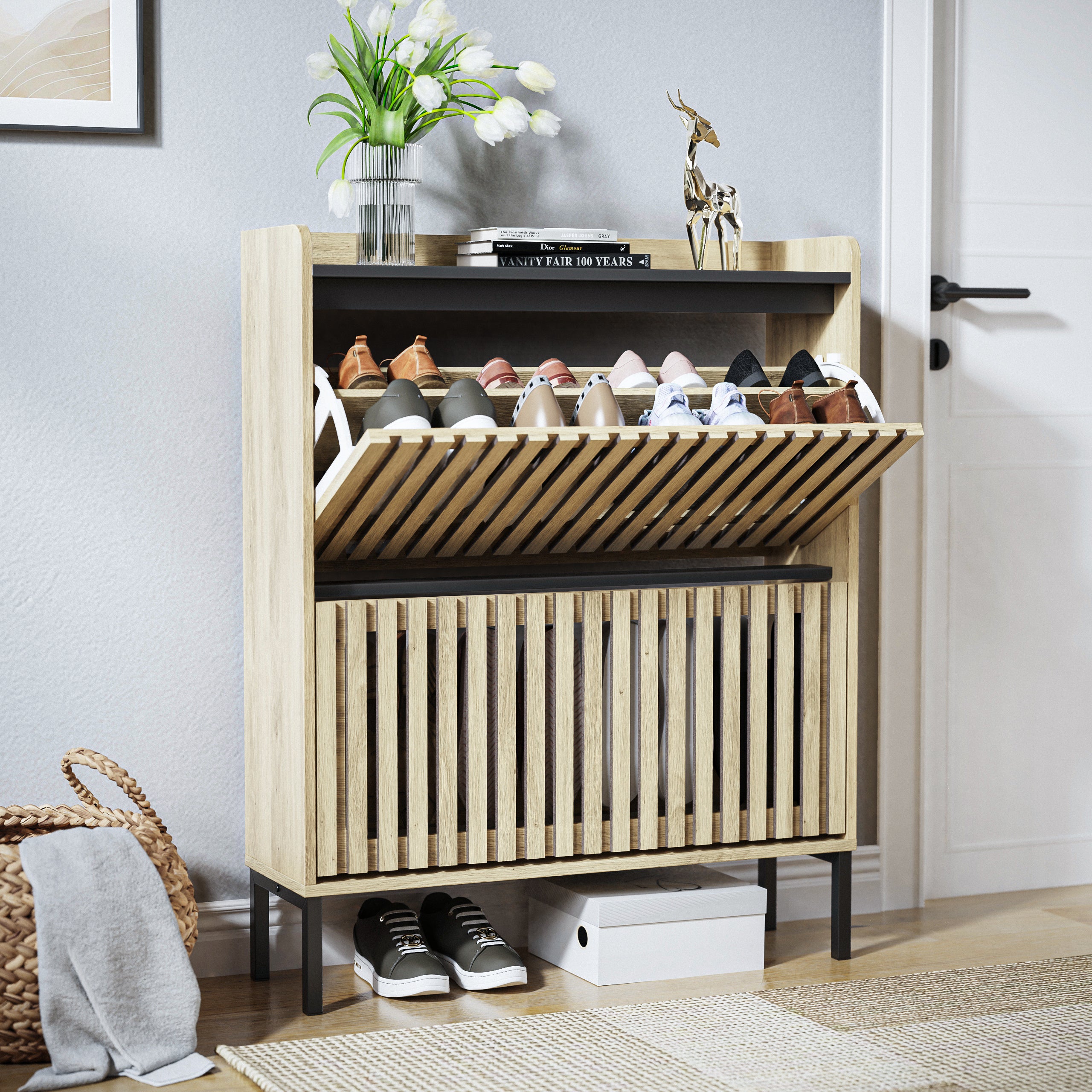 HAOYYE 2 Flip Shoe Cabinet,Multi-layer shoe rack,Modern Minimalist,storage cabinet, for entryway Sturdy Space-Saving Heavy Duty Modern Design Adults Dorm Room Easy Assembly Bedroom Furniture