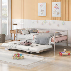 HAOYYE Twin Size Metal Daybed with Adjustable Trundle, Pop Up Trundle, Silver Sturdy Space-Saving Heavy Duty Modern Design Adults Dorm Room Easy Assembly Bedroom Furniture