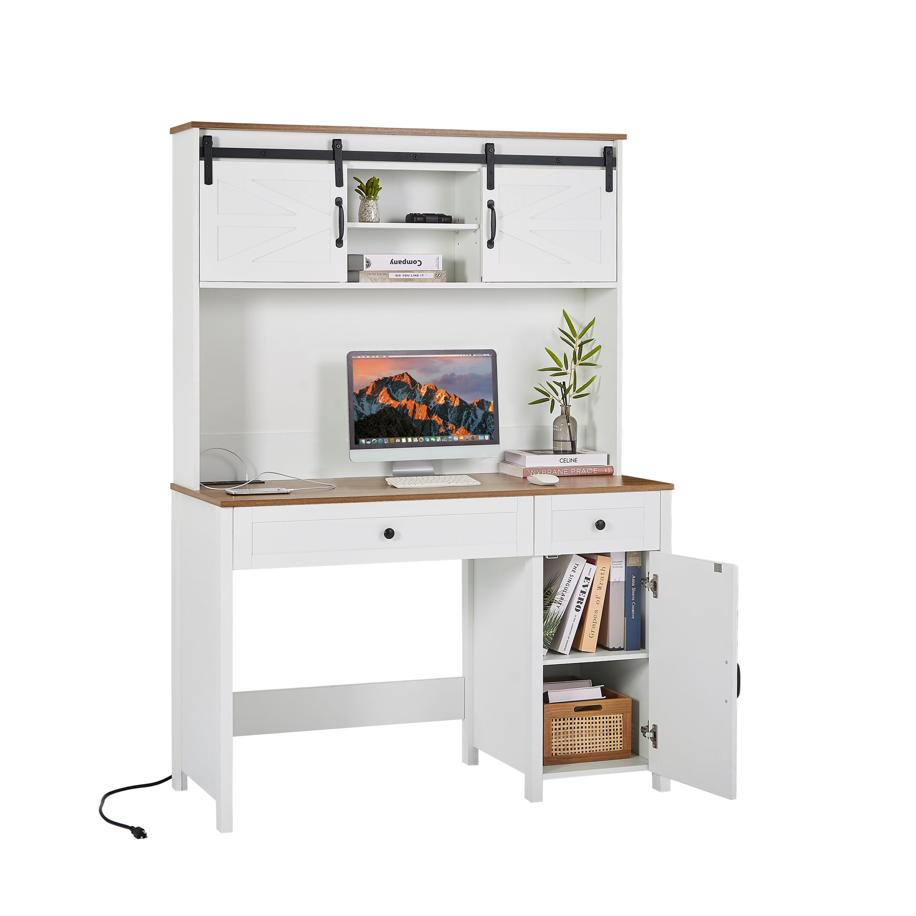 HAOYYE Farmhouse Executive Desk With Drawers, Rustic Home Office Desk With Charging Station, File Drawer, Storage Cabinet, Sturdy Space-Saving Heavy Duty Computer Writing Desk (Antique White)