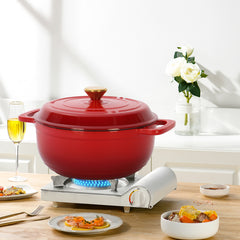 HAOYYE Cast Iron 7.5QT Cooking Pot Gradient Red Color with Enamel Coating Includes Two Silicone Gloves Heavy Duty Durable Multi-Purpose Dutch Oven for Stovetop Oven and Outdoor Cooking Perfect for Stews Soups and Casseroles