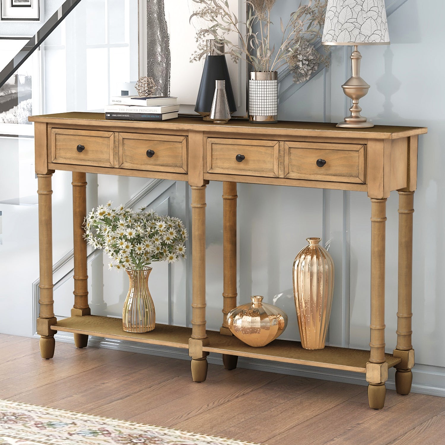 HAOYYE Console Table, Sofa Table with Two Storage Drawers and Bottom Shelf for Living Room or Entryway, Old Pine, Sturdy Space-Saving Design, Heavy Duty Construction, Easy Assembly, Durable and Stylish Home Furniture
