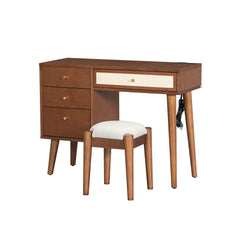 HAOYYE 39" Retro Bohemian Style Wooden Makeup Vanity Set with Charging Plug&USB Port and Stool, Dressing Table with 3 Storage Drawers and 1 Rectangular Rattan Drawer, Walnut