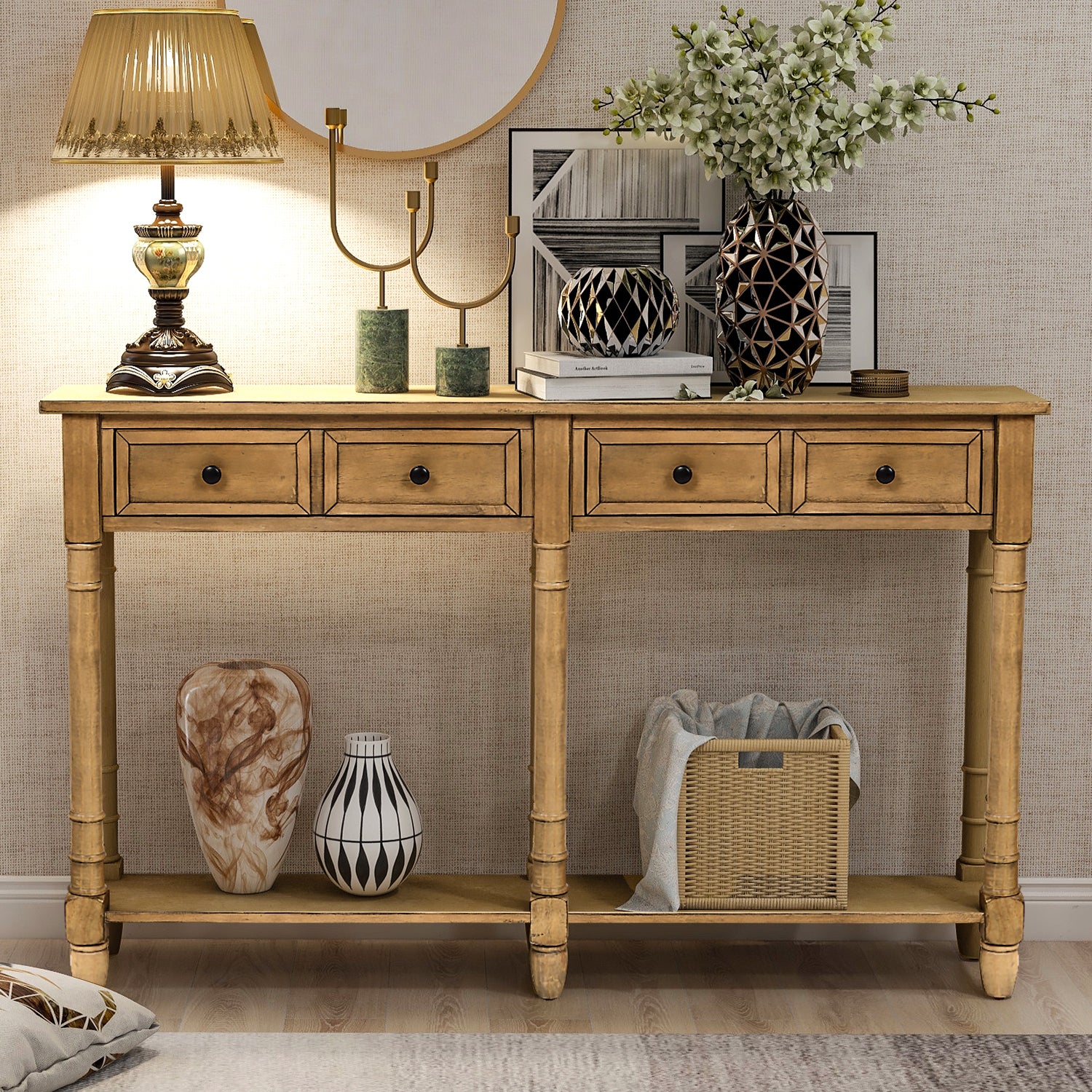 HAOYYE Console Table, Sofa Table with Two Storage Drawers and Bottom Shelf for Living Room or Entryway, Old Pine, Sturdy Space-Saving Design, Heavy Duty Construction, Easy Assembly, Durable and Stylish Home Furniture