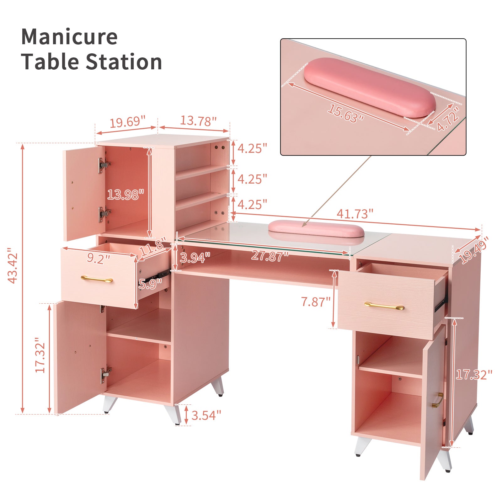 HAOYYE Pink Nail Table with Tempered Glass Top and Relief Particle Board Finish, Featuring Three Doors and Two Drawers, Fanless Quiet Design Perfect for Salon Manicure Station or Home Beauty Workspace