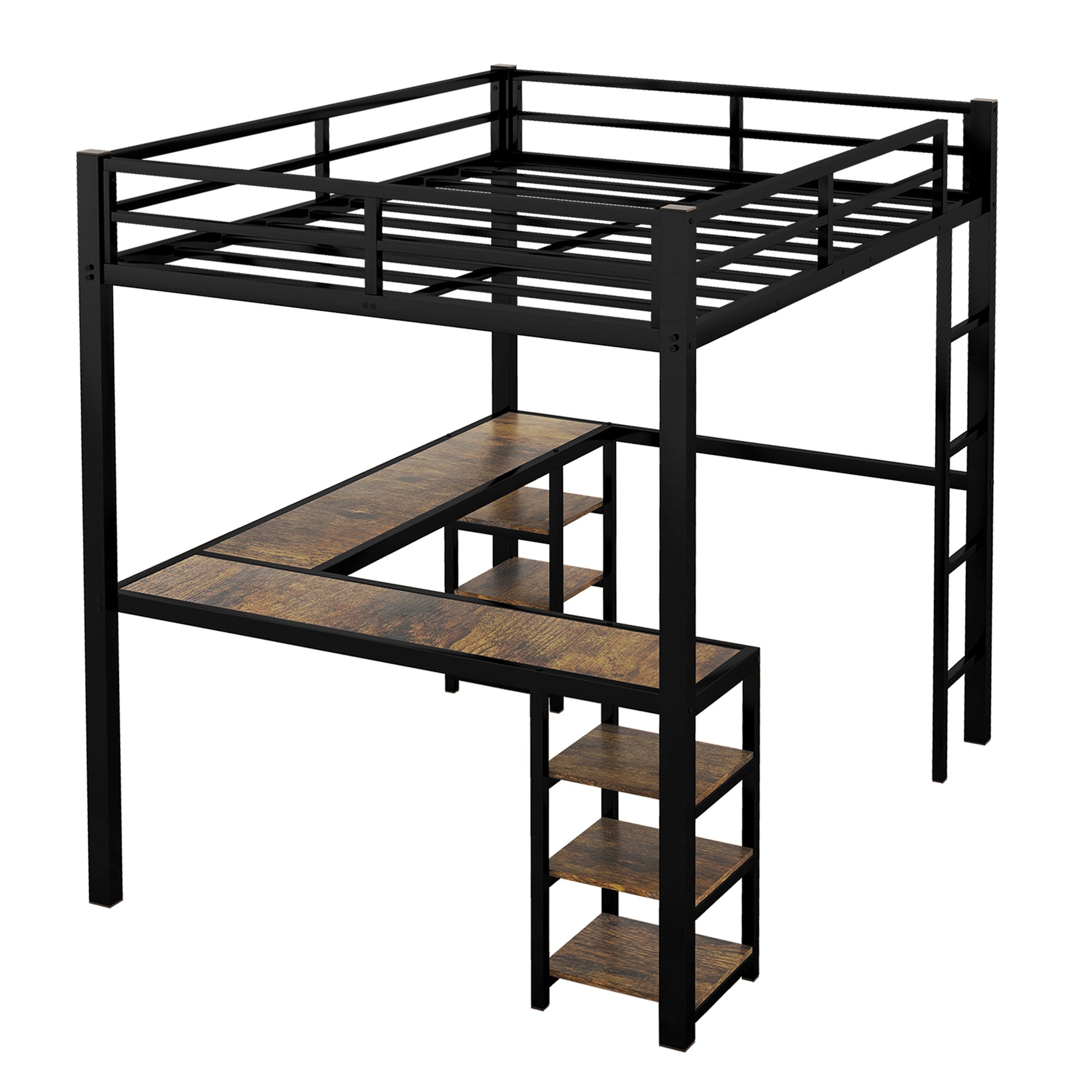 HAOYYE Full Metal Loft Bed with Desk and Shelves, Loft Bed with Ladder and Guardrails, Loft Bed Frame for Bedroom, Black with Vintage wood-colored desk Sturdy Space-Saving Heavy Duty Modern Design