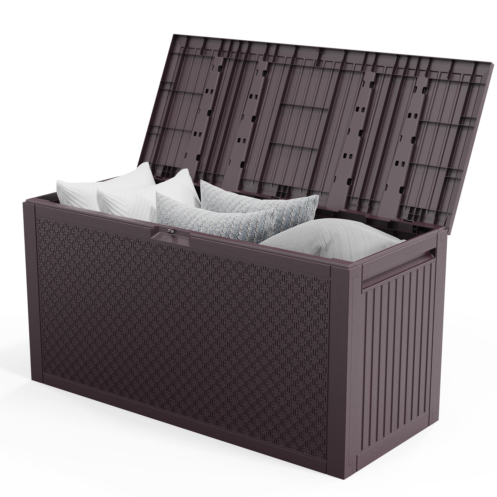 HAOYYE Brown Outdoor Garden Storage Deck Box Chest Lockable Plastic Container with Wheels Durable Weather Resistant Large Capacity for Tools Cushions Toys Patio Backyard and Lawn