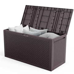 HAOYYE Brown Outdoor Garden Storage Deck Box Chest Lockable Plastic Container with Wheels Durable Weather Resistant Large Capacity for Tools Cushions Toys Patio Backyard and Lawn