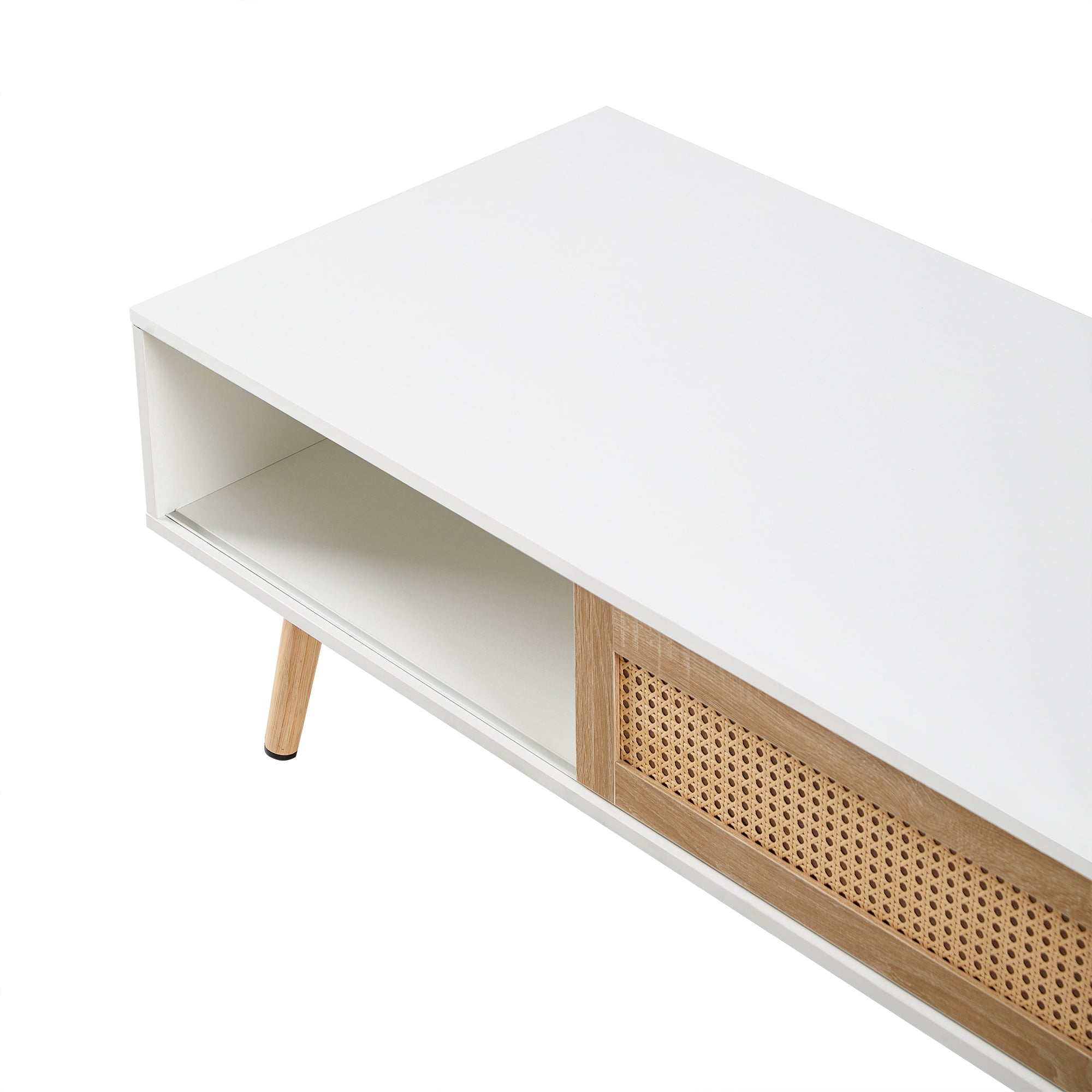 HAOYYE 41.34" Rattan Coffee Table with Sliding Door Storage, Solid Wood Legs, Modern Design for Living Room, White, Sturdy Space-Saving Heavy Duty Construction, Easy Assembly, Ideal for Adults and Dorm Rooms
