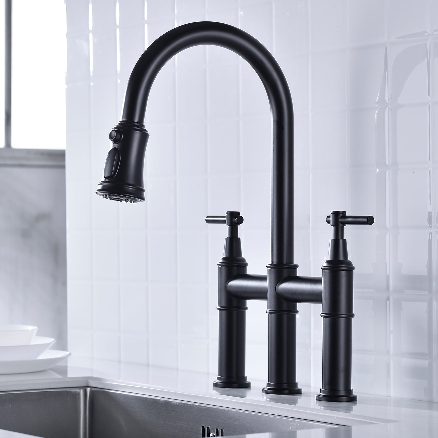 HAOYYE Bridge Kitchen Faucet with Pull-Down Sprayhead in Spot Sturdy Space-Saving Heavy Duty Modern Design Adults Dorm Room Easy Assembly Bedroom Furniture