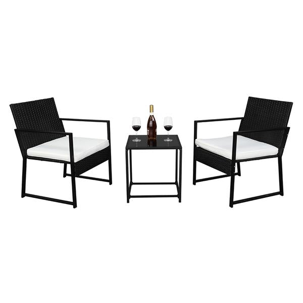 HAOYYE Outdoor Wicker Patio Furniture Set Black Rattan 3 Piece Conversation Set with 2 Exposed Frame Flat Chairs and 1 Coffee Table Durable PE Woven Bistro Set with Iron Frame for Balcony Garden Lounge