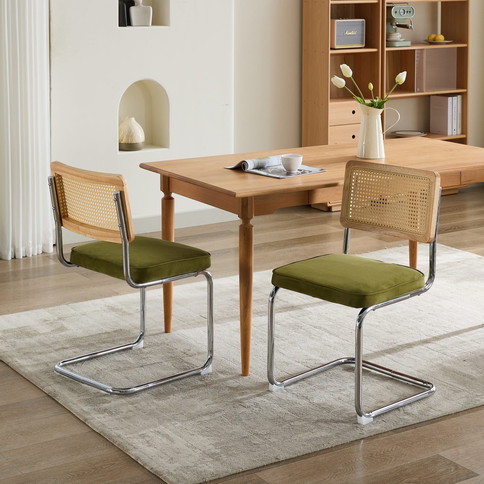 HAOYYE Mid Century Modern Dining Chairs Set of 2, Velvet Accent Chairs with Natural Cane Back & Stainless Chrome Base, Famous Breuer Designed Chairs, Upholstered Rattan Kitchen Chairs,Olive-Green Sturdy