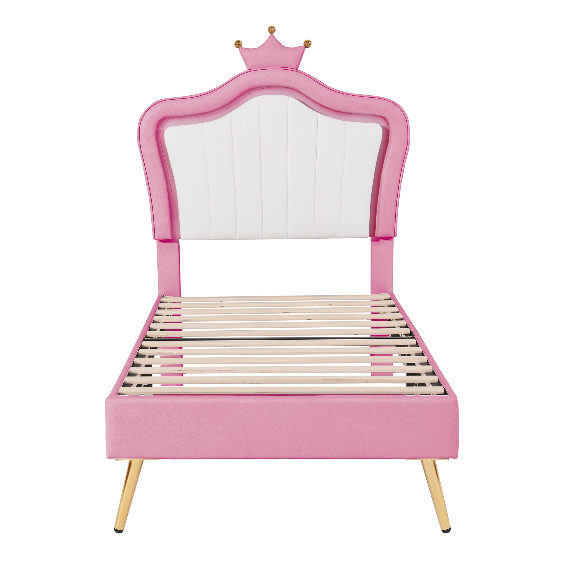 HAOYYE Twin Size Upholstered Bed Frame with LED Lights, Modern Upholstered Princess Bed With Crown Headboard,White+Pink Sturdy Space-Saving Heavy Duty Modern Design Adults Dorm Room Easy Assembly