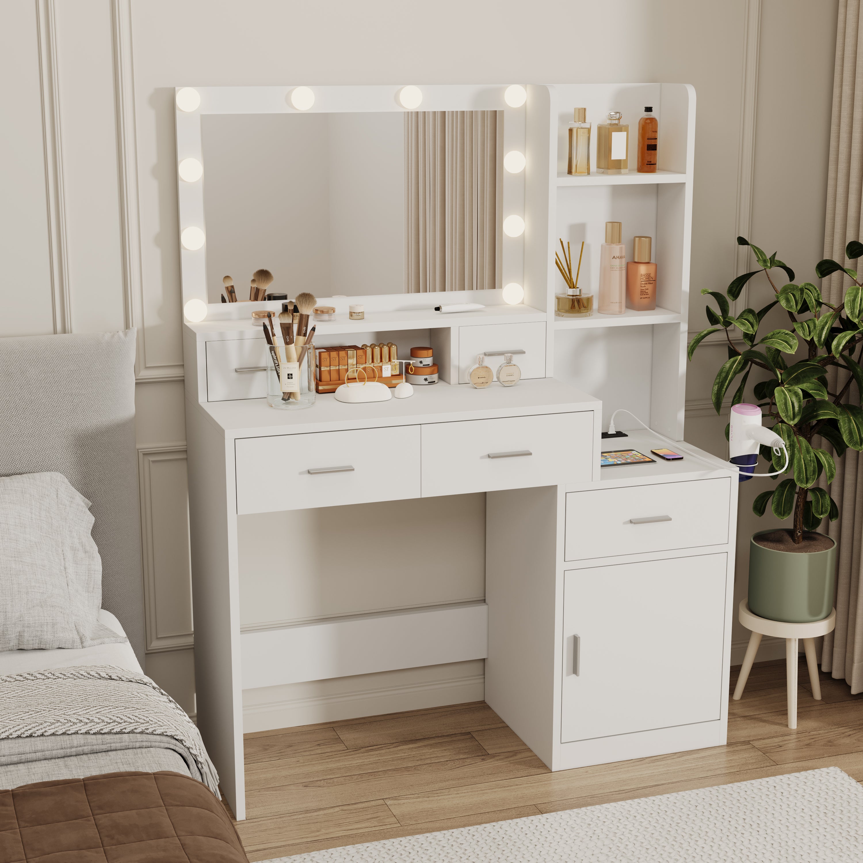 HAOYYE Smart Mirror Dressing Table with Drawers and Storage Cabinet, Modern Design with Soft Dressing Pad, Sturdy Space-Saving Heavy Duty Construction, Ideal for Bedroom and Dressing Room, Perfect for Adults