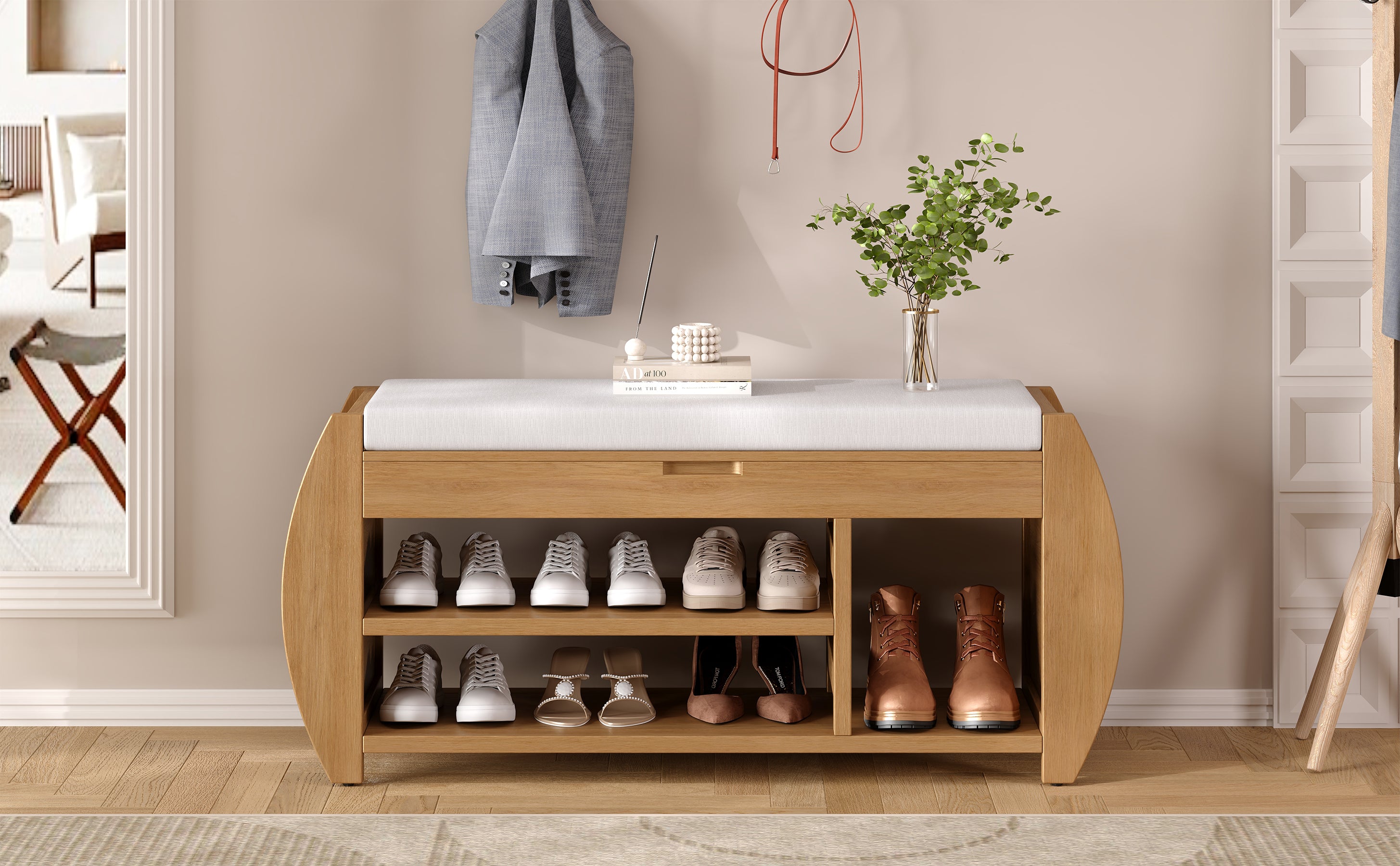 HAOYYE Retro Multifunctional Storage Bench with Cushion and Curved Side Panel for Entrance and Living Room (Natural) Sturdy Space-Saving Heavy Duty Modern Design Easy Assembly Durable Stylish Versatile