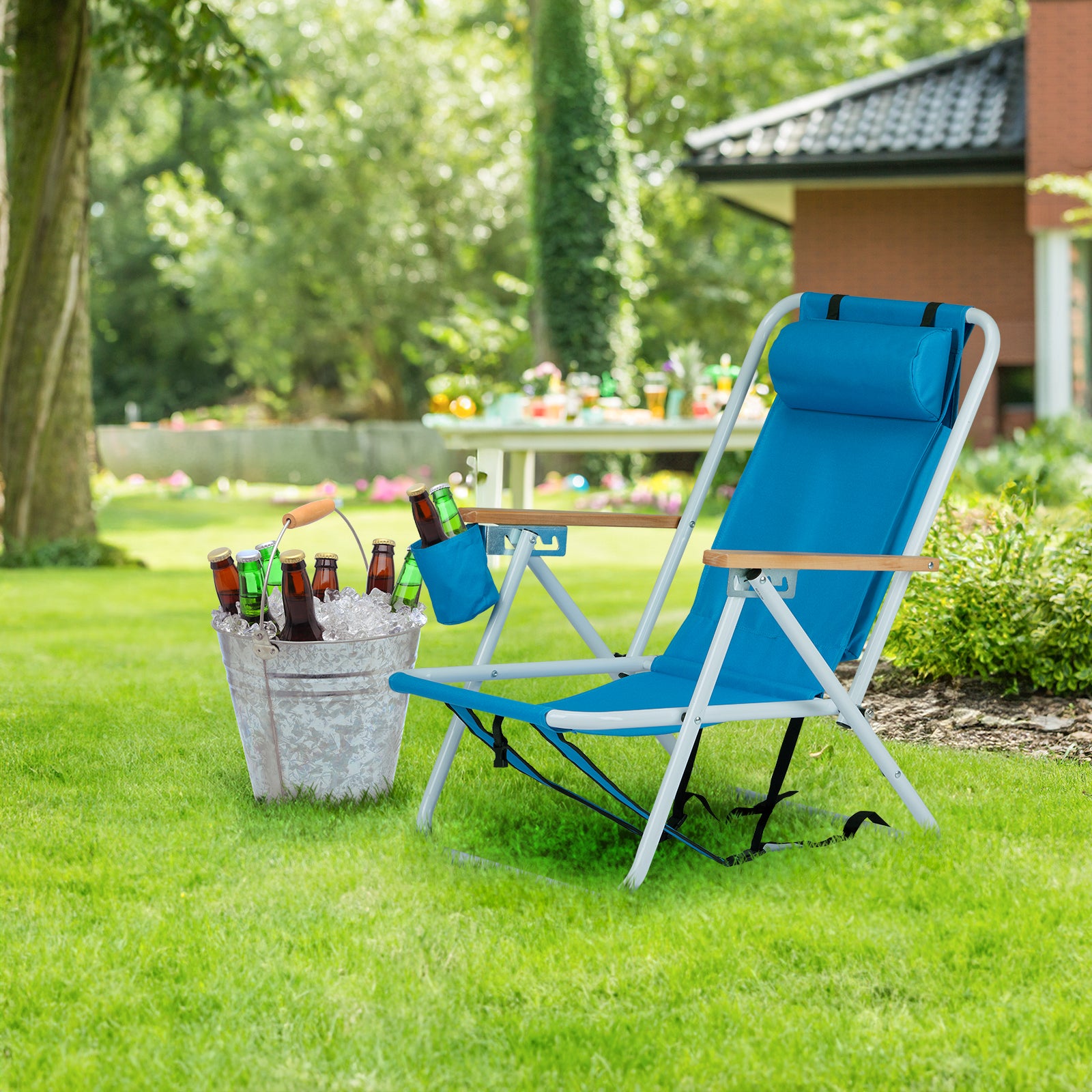 HAOYYE Folding Beach Chair Set of 2 for Adults, Portable Lightweight Backpack Camping Chairs with 4 Adjustable Recline Positions, Comfortable Headrest, Cup Holder, Wooden Armrests, Easy to Carry for Outdoor Beach, Picnic, Pool, or Camping