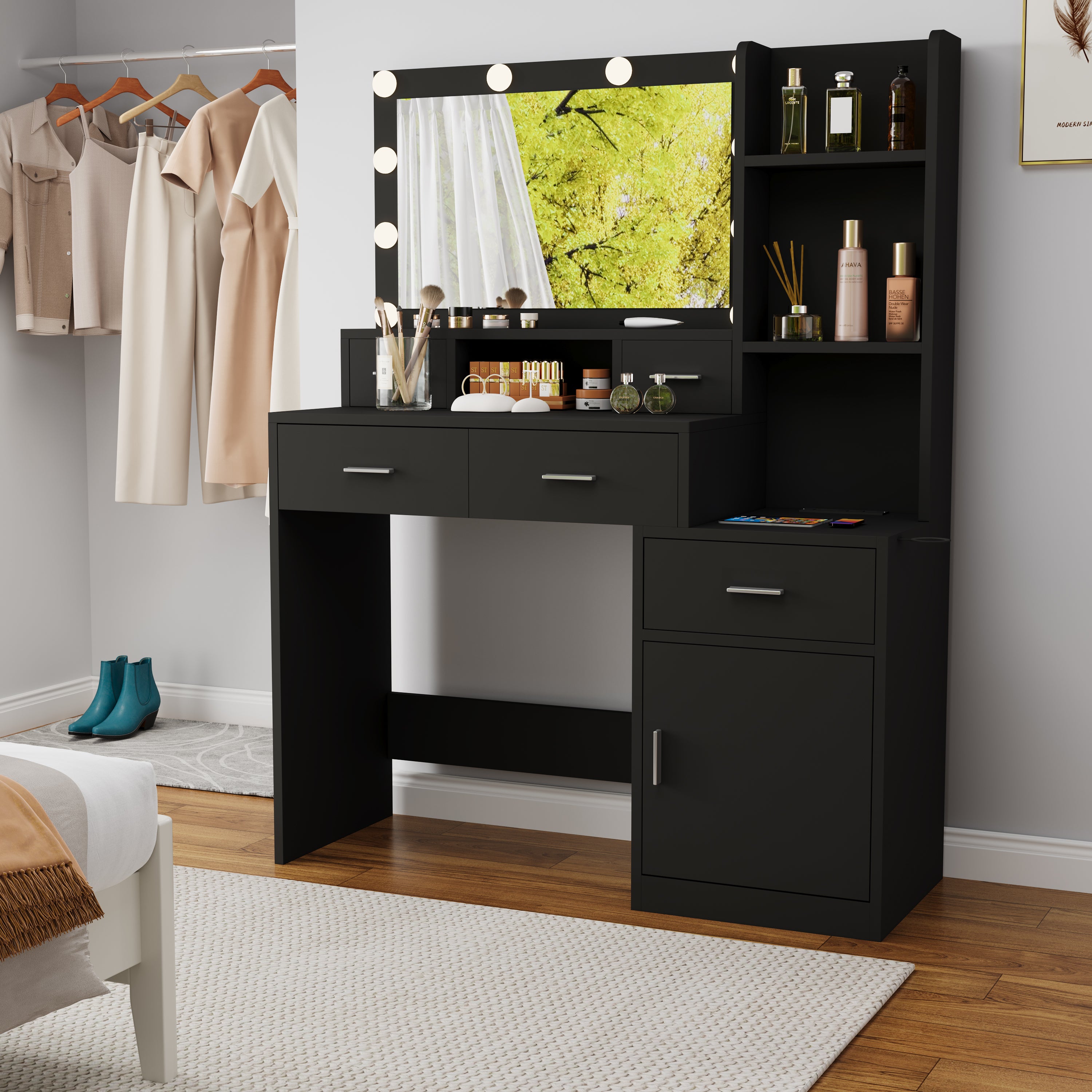 HAOYYE Smart Mirror Dressing Table with Drawers and Storage Cabinet, Modern Vanity Table with Soft Dressing Pad for Bedroom, Sturdy Space-Saving Heavy Duty Construction, Ideal for Adults