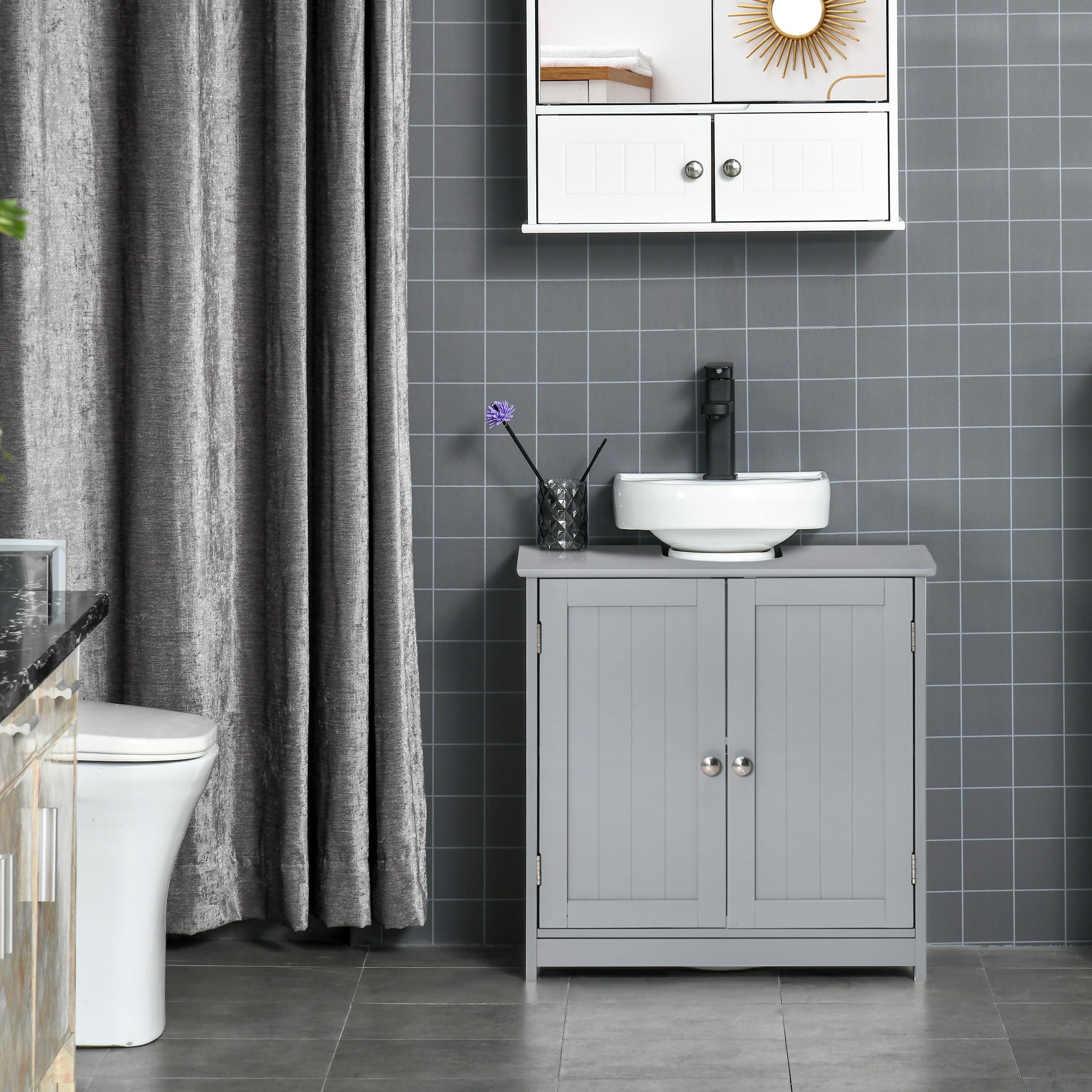 HAOYYE Bathroom Storage Cabinet with Adjustable Shelf and U Shaped Cut Out for Under Sink, Freestanding Wooden Cabinet with Door for Bathroom Organizer, Modern Space Saving Floor Cabinet for Home and Apartment