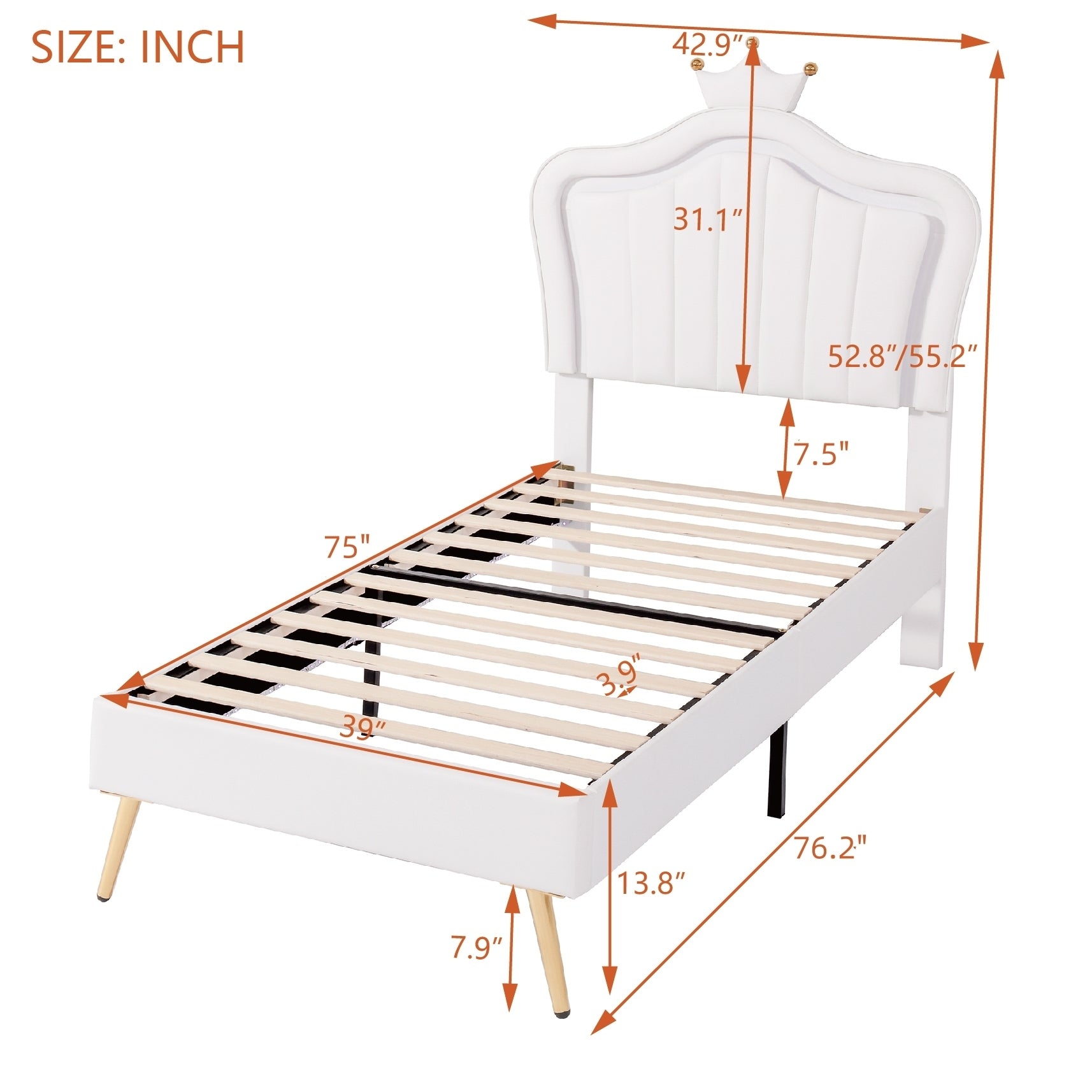 HAOYYE Twin Size Upholstered Bed Frame with LED Lights, Modern Upholstered Princess Bed With Crown Headboard,White Sturdy Space-Saving Heavy Duty Modern Design Adults Dorm Room Easy Assembly