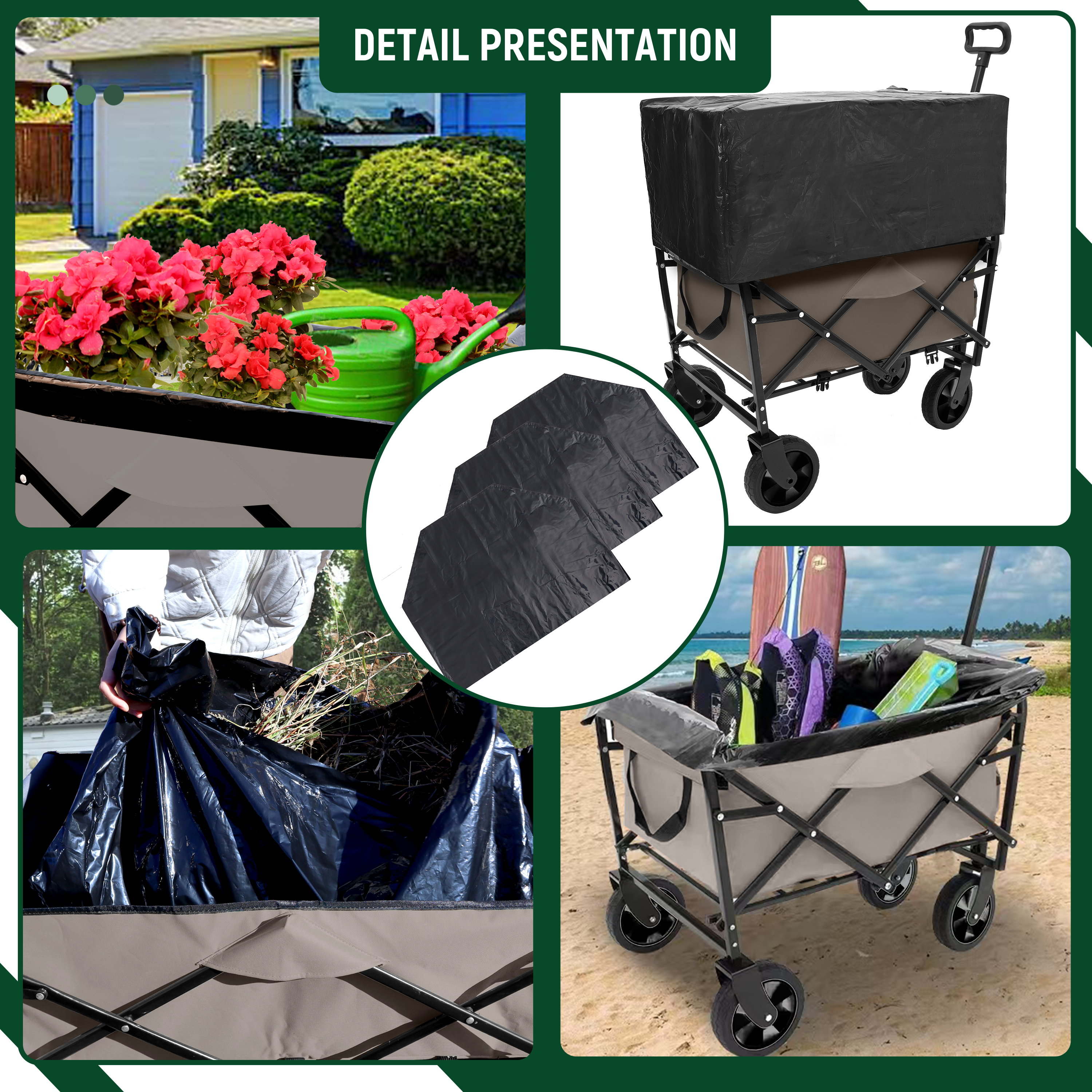 HAOYYE Multi-Use Collapsible Foldable Wagon Cart with Heavy Duty Frame, Utility Wagon for Camping and Grocery Shopping, Includes 3-Piece Plastic Liner Bag and Cover, Durable Beach Cart in Olive Green