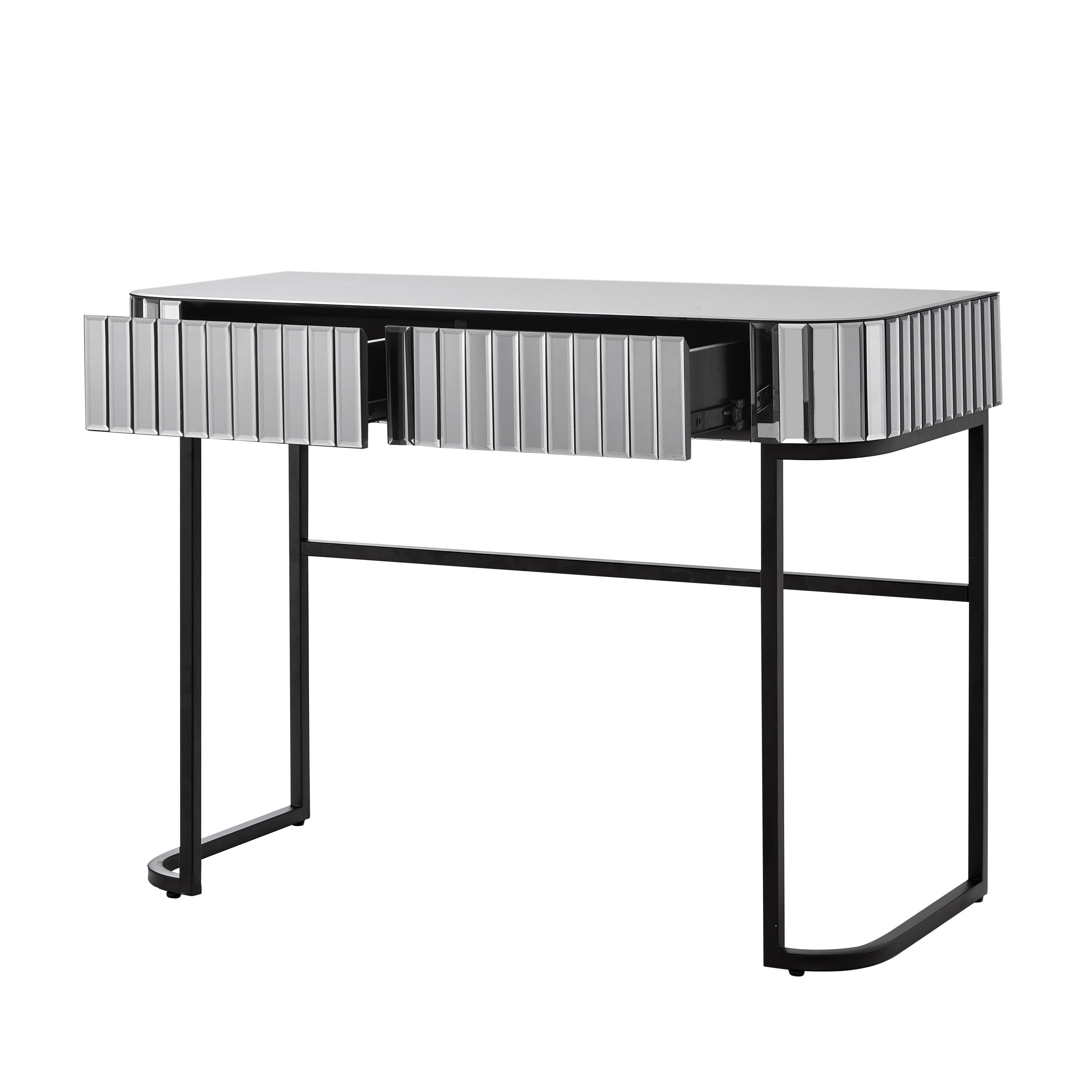 HAOYYE 39" Mirrored Makeup Vanity Table with Stainless Steel Base, Mirrored Console Dressing Table with 2 Drawers,Versatile Desk for Bedroom and Office, Gray