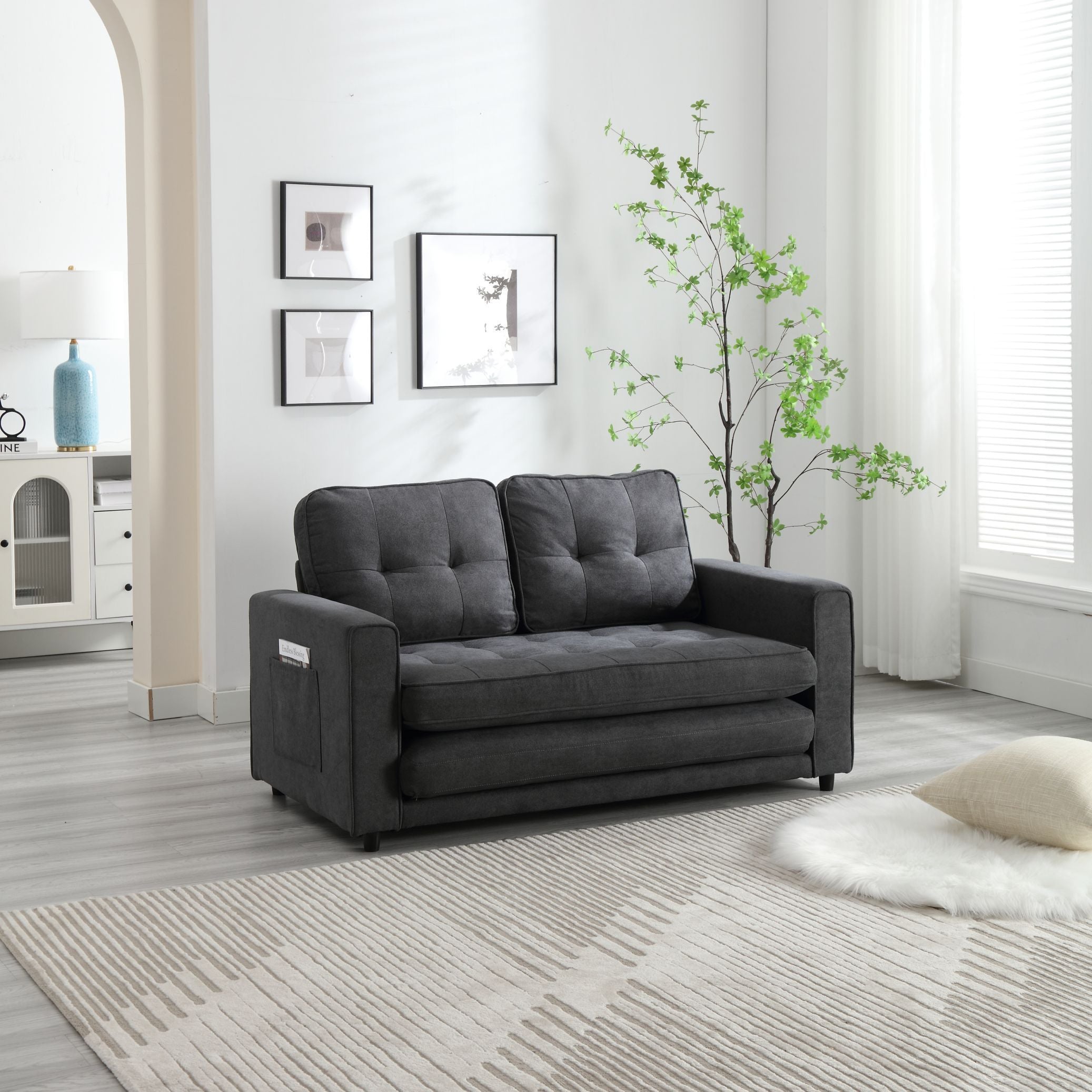 HAOYYE 3-Fold Convertible Futon Couch, Pull Out Sofa Bed, Space-Saving Loveseat Sleeper, Velvet Linen Fabric Upholstery, Heavy Duty Durable Sofa for Living Room, Modern Compact Design, Dark Gray, Light Gray, Beige