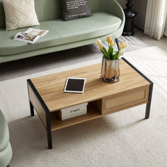 HAOYYE 40.16" Rattan Coffee table, sliding door for storage, metal legs, Modern table for living room , natural Sturdy Space-Saving Heavy Duty Modern Design Adults Dorm Room Easy Assembly