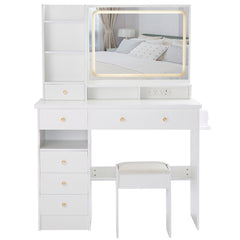 HAOYYE Large Vanity Table Set with LED Mirror, Cushioned Stool, Left Drawer Desktop, Built-in Power Station with 2 AC & 2 USB Ports, Hair Dryer Stand, Touch Control Lighting, Certified by EPA, GCC, and UL