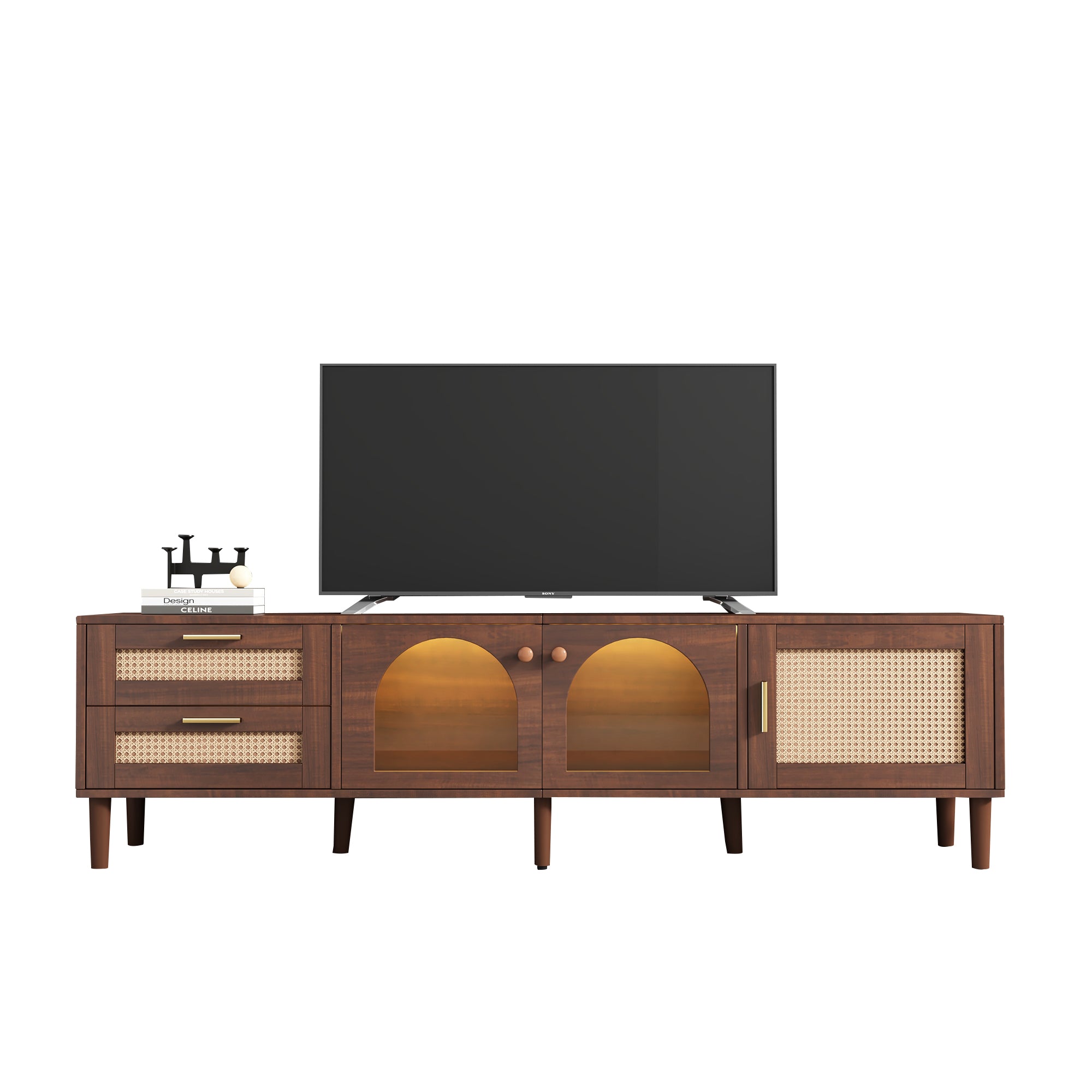 HAOYYE Rattan TV Stand with 3 Cabinets & 2 Drawers, Rattan-Inspired Media Console Table for TVs up to 80", LED Light Entertainment Center, TV Cabinet for Living Room, Bedroom, Home Theater, Sturdy Heavy Duty Construction