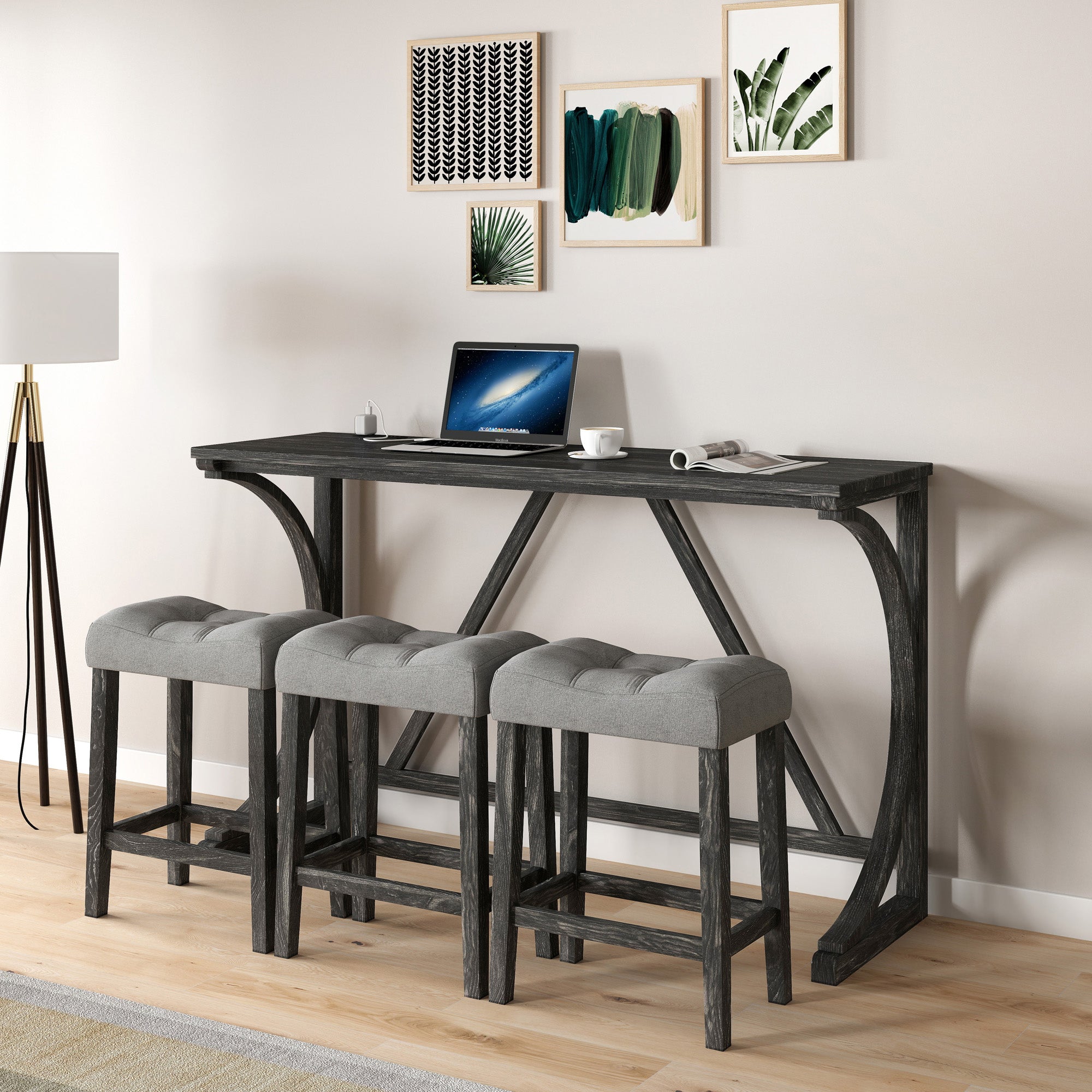 HAOYYE Bar Table Set with Power Outlet, Bar Table and Chairs Set, 4 Piece Dining Table Set, Industrial Breakfast Table Set, for Living Room, Dining Room, Game Room Sturdy Space-Saving Heavy Duty Adults