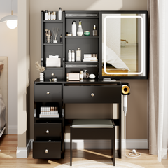 HAOYYE Compact Vanity Table With Left Drawer, Cushioned Stool, Built-In Power Station With 2 AC & 2 USB Ports, Hair Dryer Bracket, Touch-Control Sliding LED Mirror With Adjustable Brightness And Tri-Color Lighting