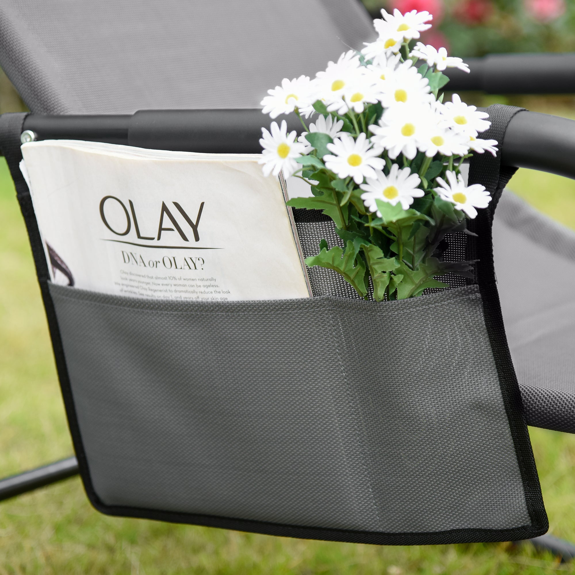HAOYYE Gray Outdoor Rocking Chair With Breathable Mesh Fabric, Soft Padded Headrest And Armrests, Removable Side Pocket, Rubber Feet For Surface Protection, Sturdy Steel Frame Supports Up To 264 Lbs, Ideal For Patio, Backyard, Or Poolside Relaxation