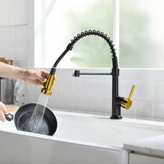 Haoyye Commercial Kitchen Faucet with Pull Down Sprayer, Single Handle High Arc Sink Faucet with Spring Spout and 360° Swivel, Heavy Duty Brass Construction, Leak-Resistant, Easy DIY Installation, Modern Design for Home or Restaurant Kitchens