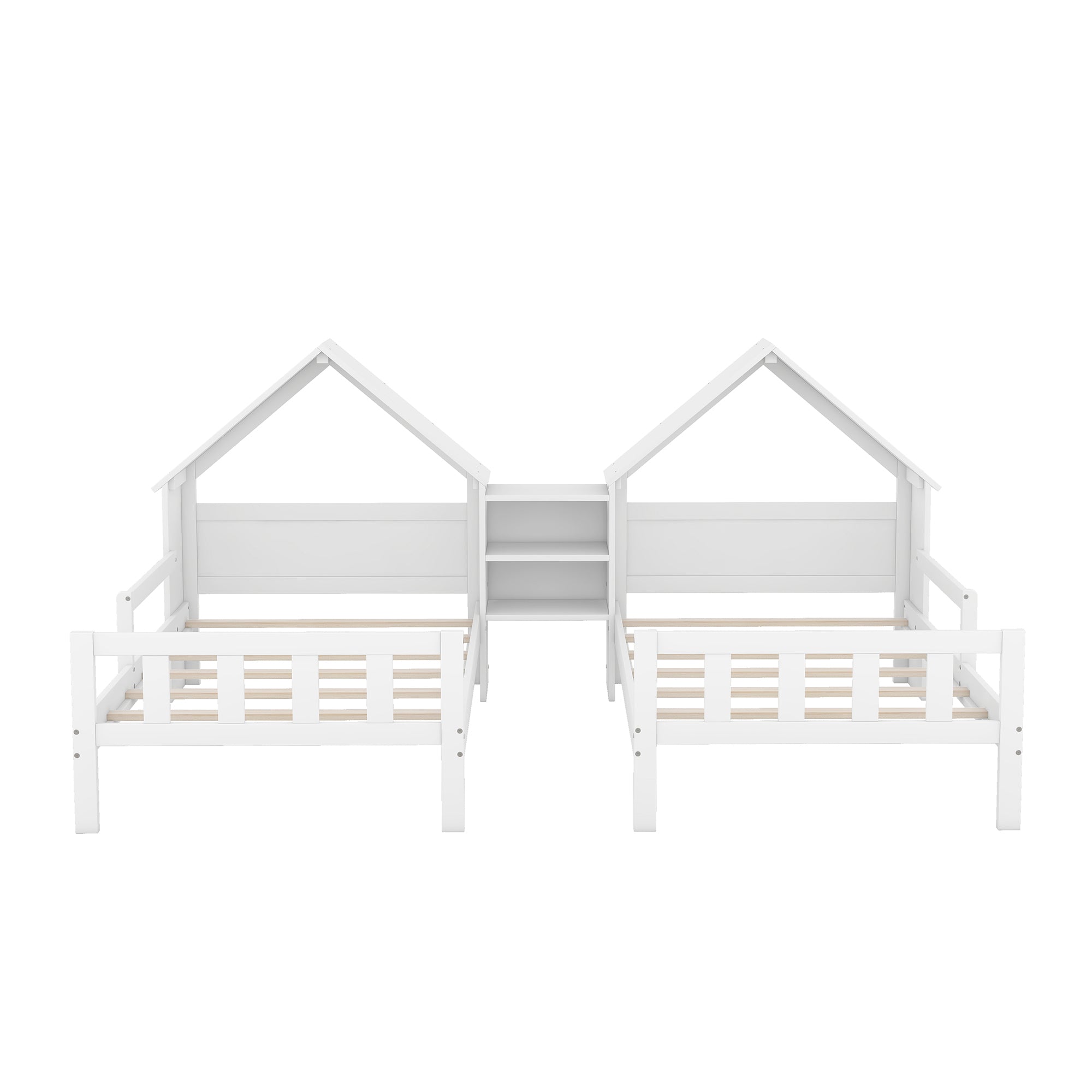 HAOYYE Double Twin Size Platform Bed with House-shaped Headboard and a Built-in Nightstand, White Sturdy Space-Saving Heavy Duty Modern Design Adults Dorm Room Easy Assembly Bedroom Furniture