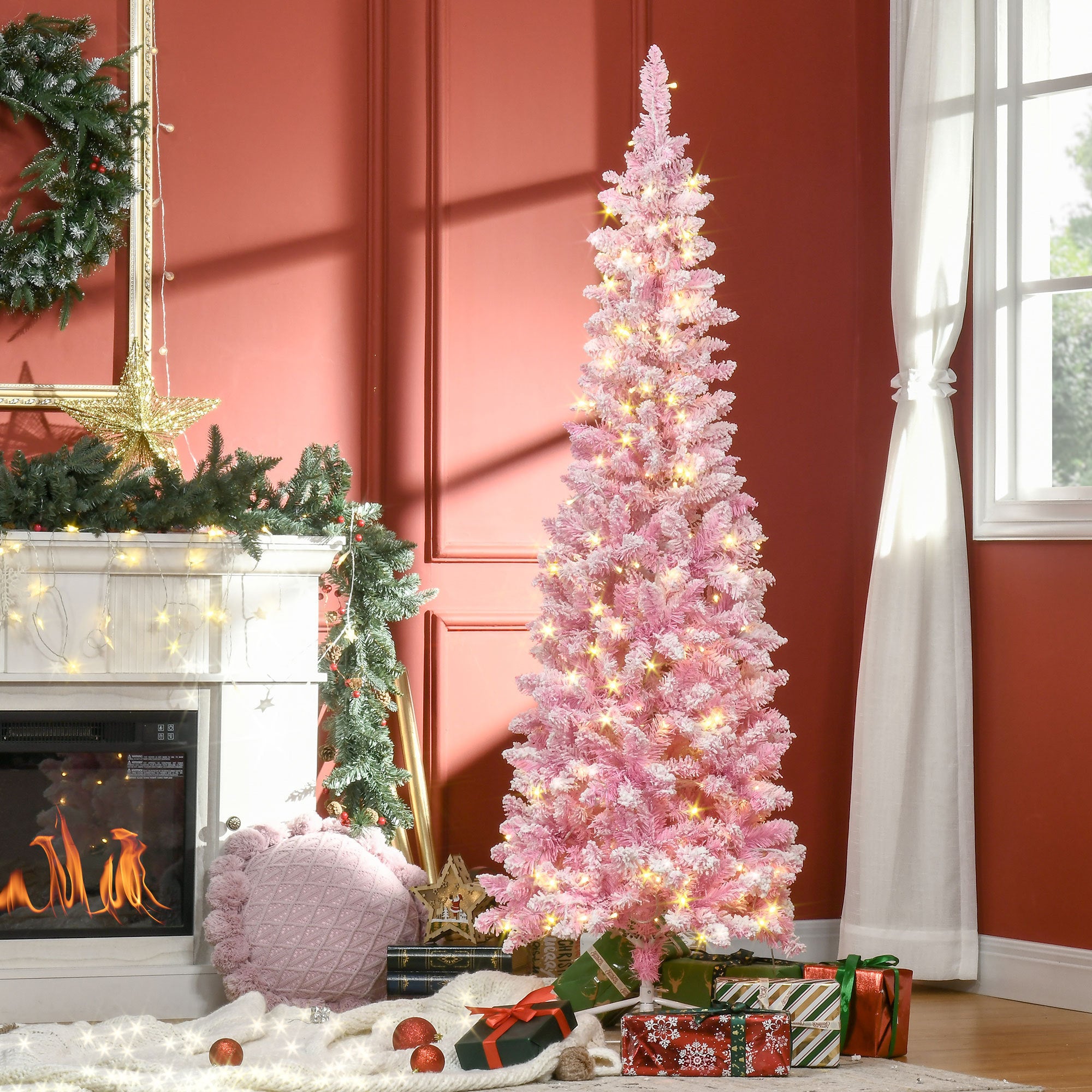 HAOYYE 6ft Prelit Snow Flocked Artificial Christmas Tree with Pencil Shape, Pine Realistic Branches, Warm White LED lights, Auto Open, Pink and White Sturdy Space-Saving Heavy Duty Modern Design
