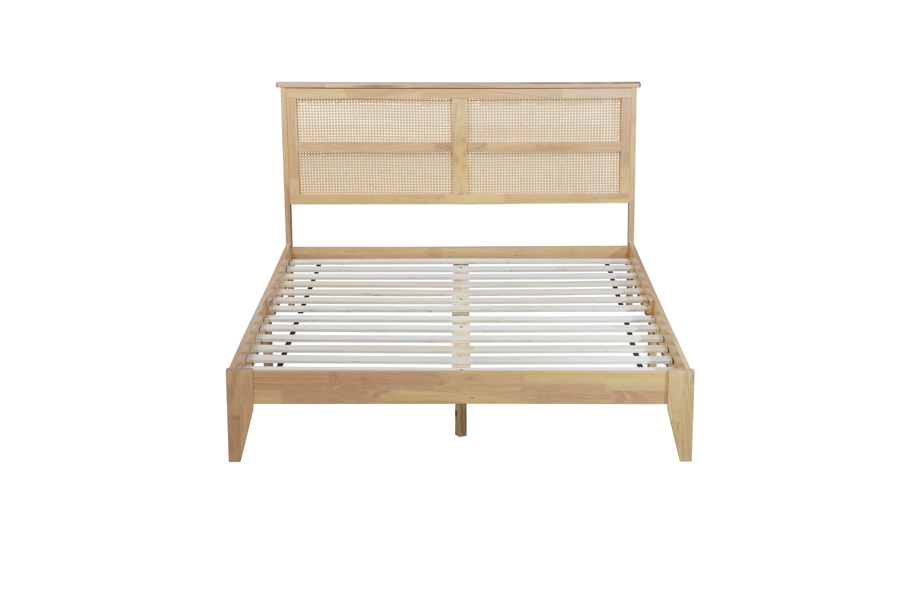 HAOYYE Queen Size Rubber Wooden, Solid Wooden Bed with Rattan Headboard, Enhanced by Support Feet,Oak White Sturdy Space-Saving Heavy Duty Modern Design Adults Dorm Room Easy Assembly Bedroom Furniture